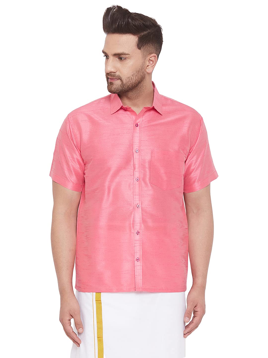 Vastramay Men's Silk Blend South Indian Ethnic Shirt – Traditional Half-Sleeve Shirt for Festive, Wedding & Casual Wear