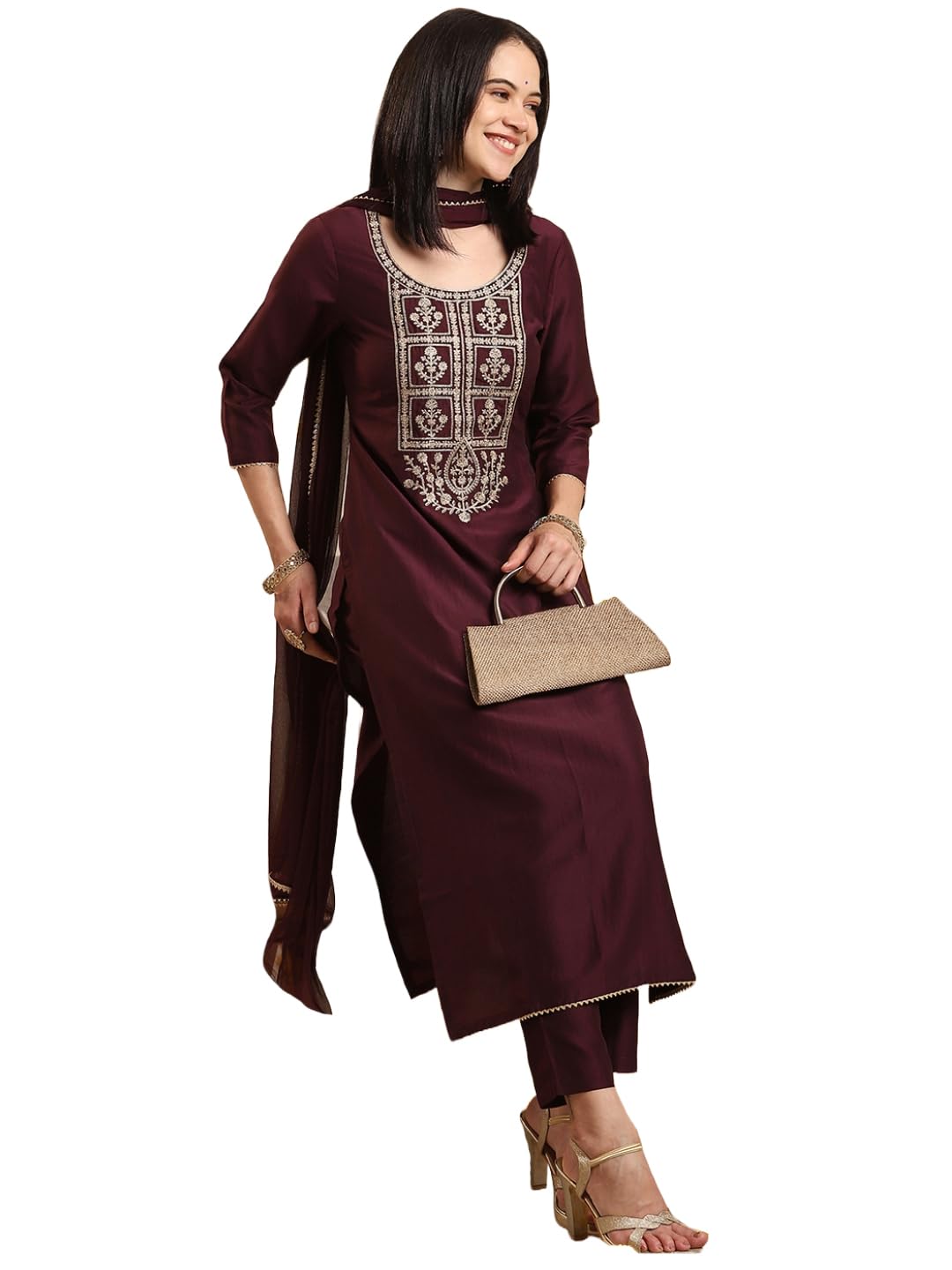 GoSriKi Women's Rayon Viscose Embroidered Straight Kurta with Pant & Dupatta