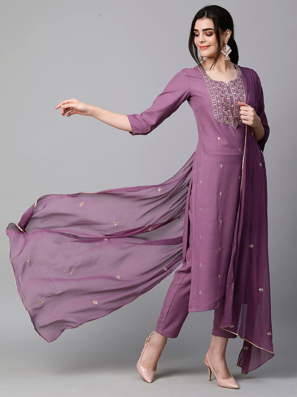 Royal Ethnic Womens Cotton Blend Embroidered Kurta Set with Pant Dupatta Elegants Calf Length Ethnic Outfit Dress - Royal Ethnic