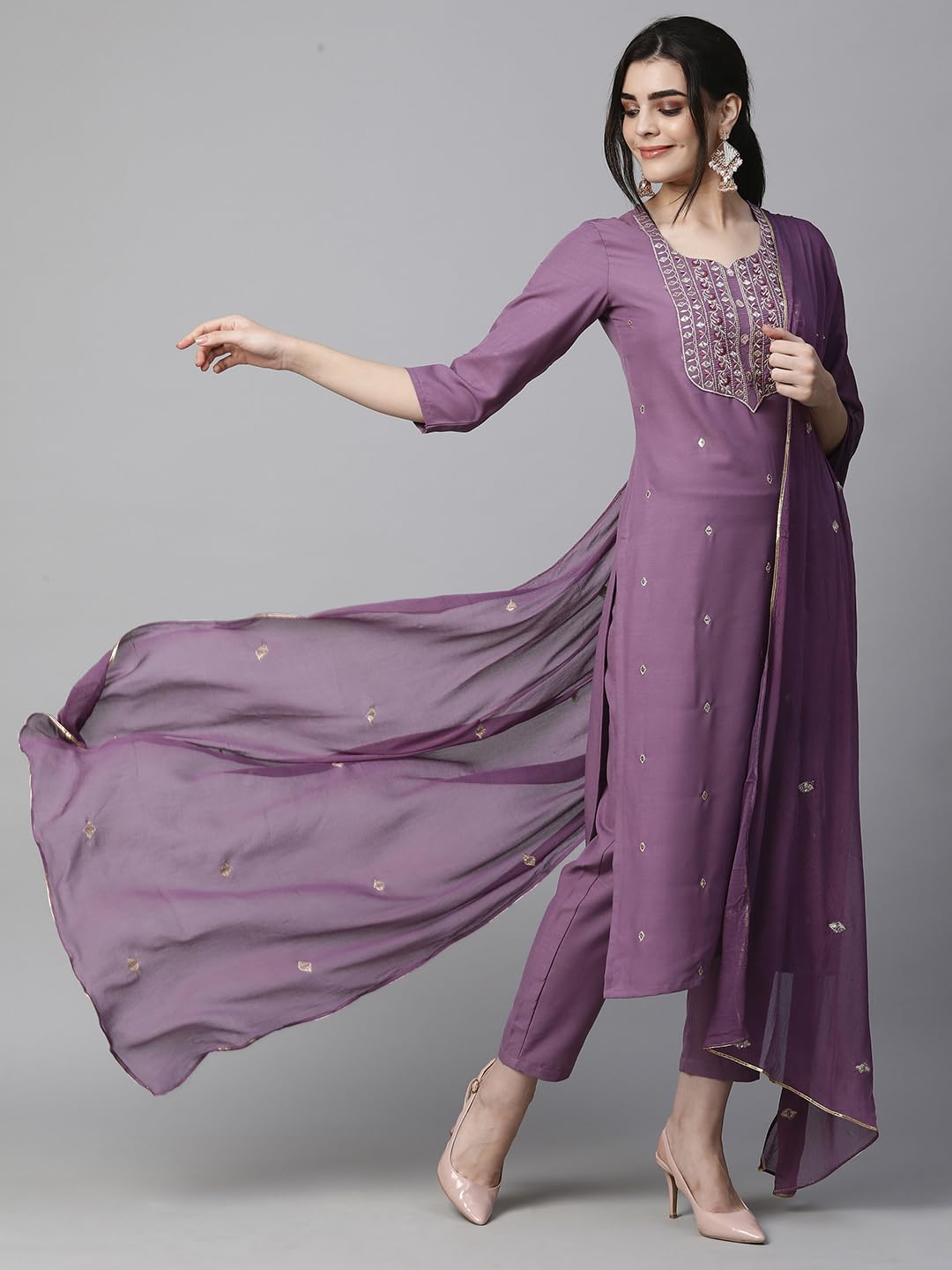 Royal Ethnic Womens Cotton Blend Embroidered Kurta Set with Pant Dupatta Elegants Calf Length Ethnic Outfit Dress - Royal Ethnic
