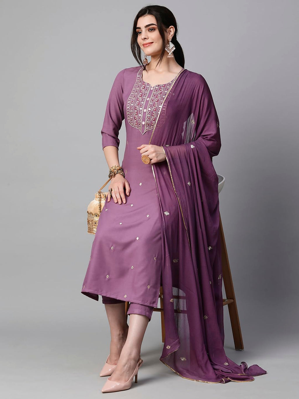 Royal Ethnic Womens Cotton Blend Embroidered Kurta Set with Pant Dupatta Elegants Calf Length Ethnic Outfit Dress - Royal Ethnic