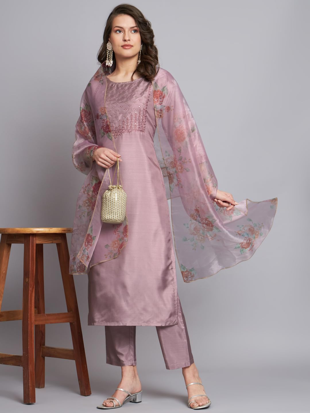 VredeVogel Women's Silk Blend Embroidered Straight Kurta Pant Set with Organza Dupatta