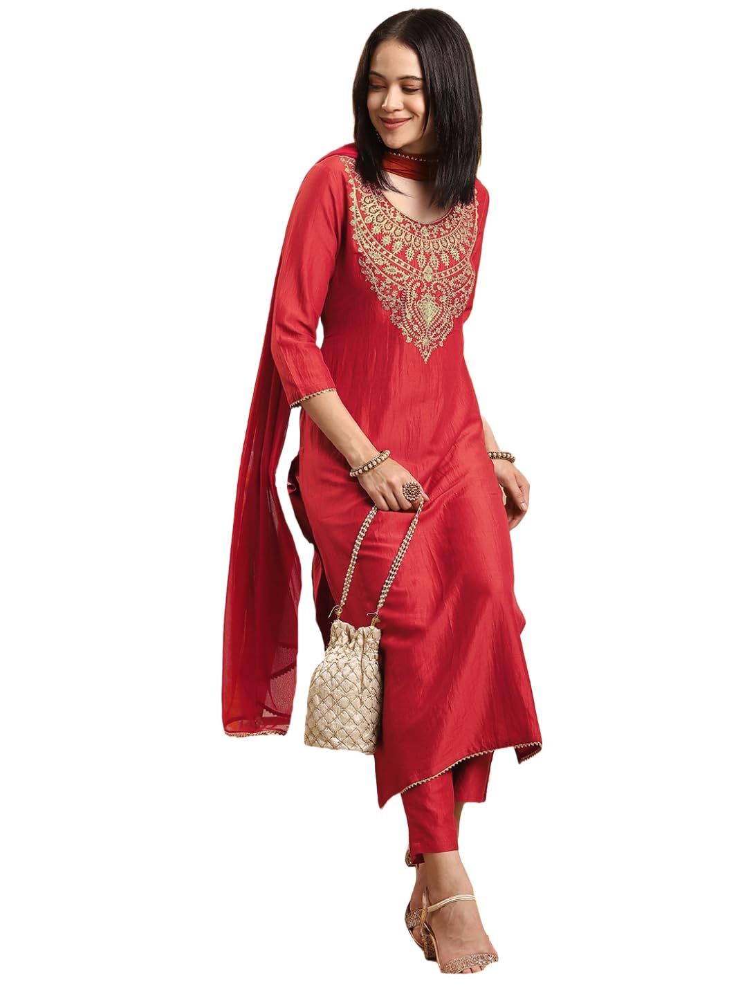 GoSriKi Women's Rayon Viscose Embroidered Straight Kurta with Pant & Dupatta