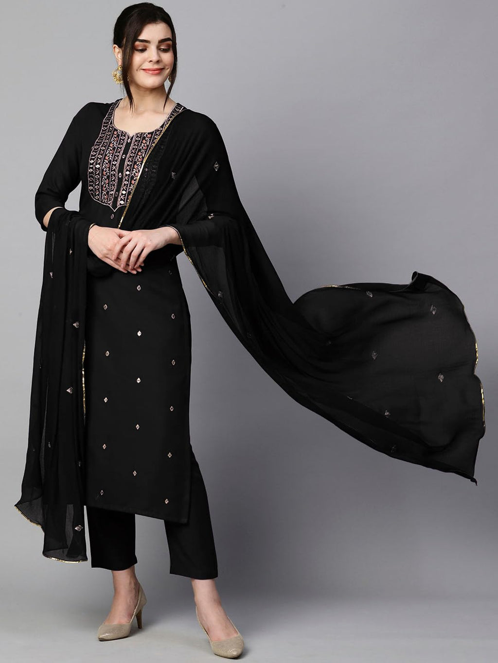 Royal Ethnic Womens Cotton Blend Embroidered Kurta Set with Pant Dupatta Elegants Calf Length Ethnic Outfit Dress - Royal Ethnic