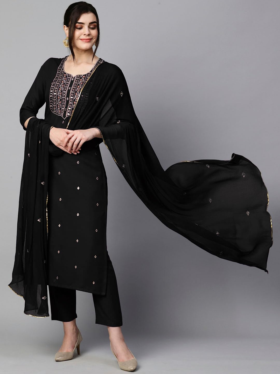 Royal Ethnic Womens Cotton Blend Embroidered Kurta Set with Pant Dupatta Elegants Calf Length Ethnic Outfit Dress - Royal Ethnic