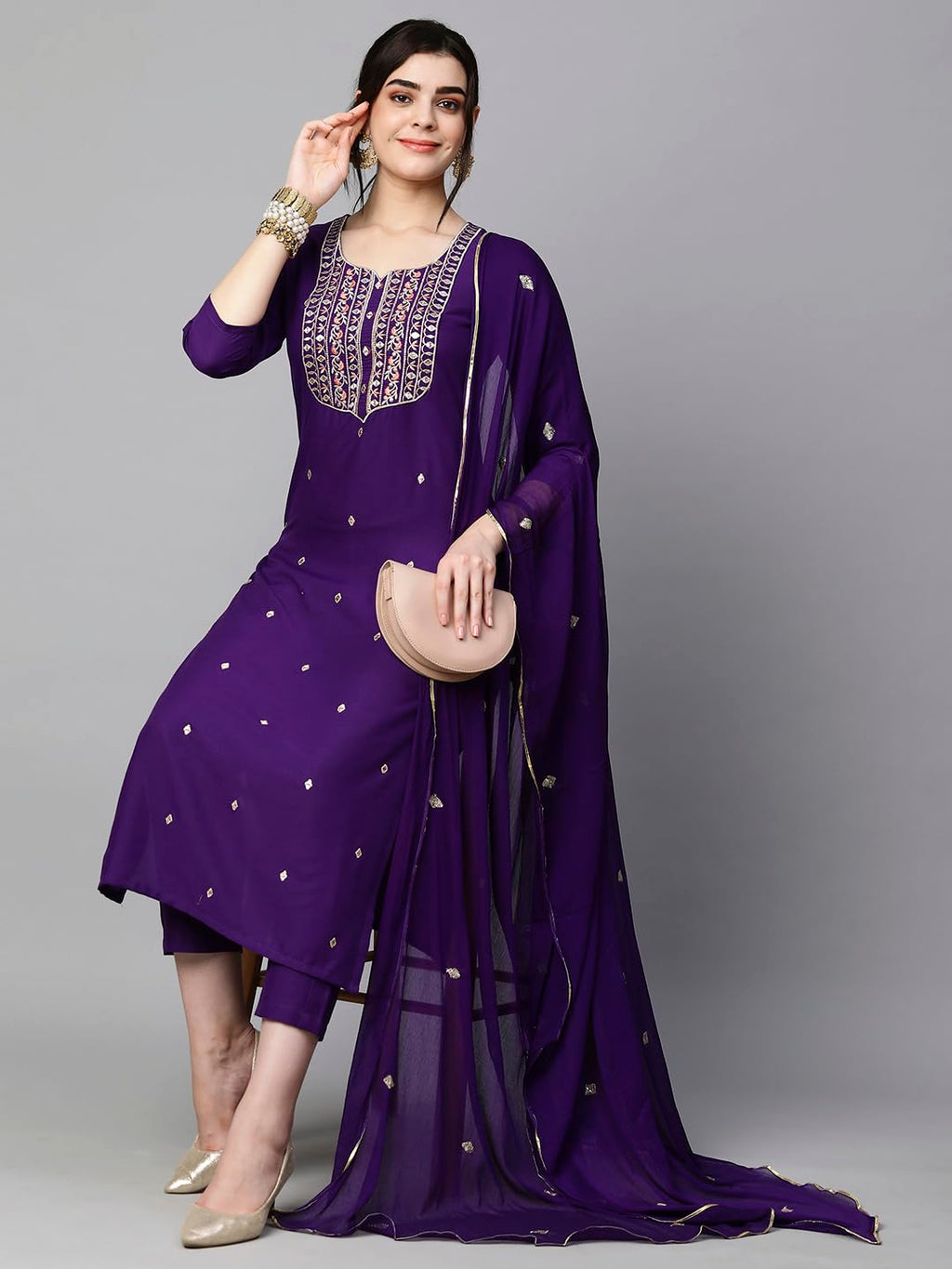 Royal Ethnic Womens Cotton Blend Embroidered Kurta Set with Pant Dupatta Elegants Calf Length Ethnic Outfit Dress - Royal Ethnic