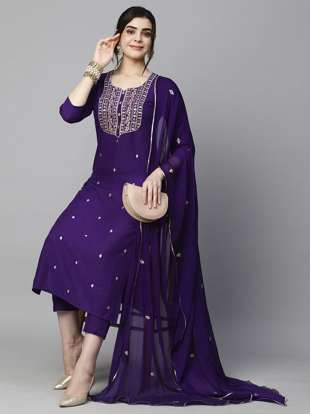 Royal Ethnic Womens Cotton Blend Embroidered Kurta Set with Pant Dupatta Elegants Calf Length Ethnic Outfit Dress - Royal Ethnic