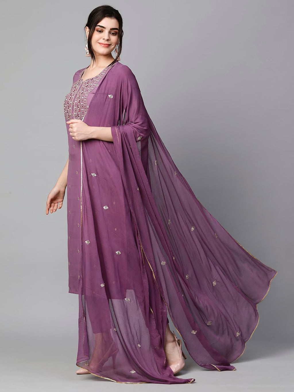 Royal Ethnic Womens Cotton Blend Embroidered Kurta Set with Pant Dupatta Elegants Calf Length Ethnic Outfit Dress - Royal Ethnic