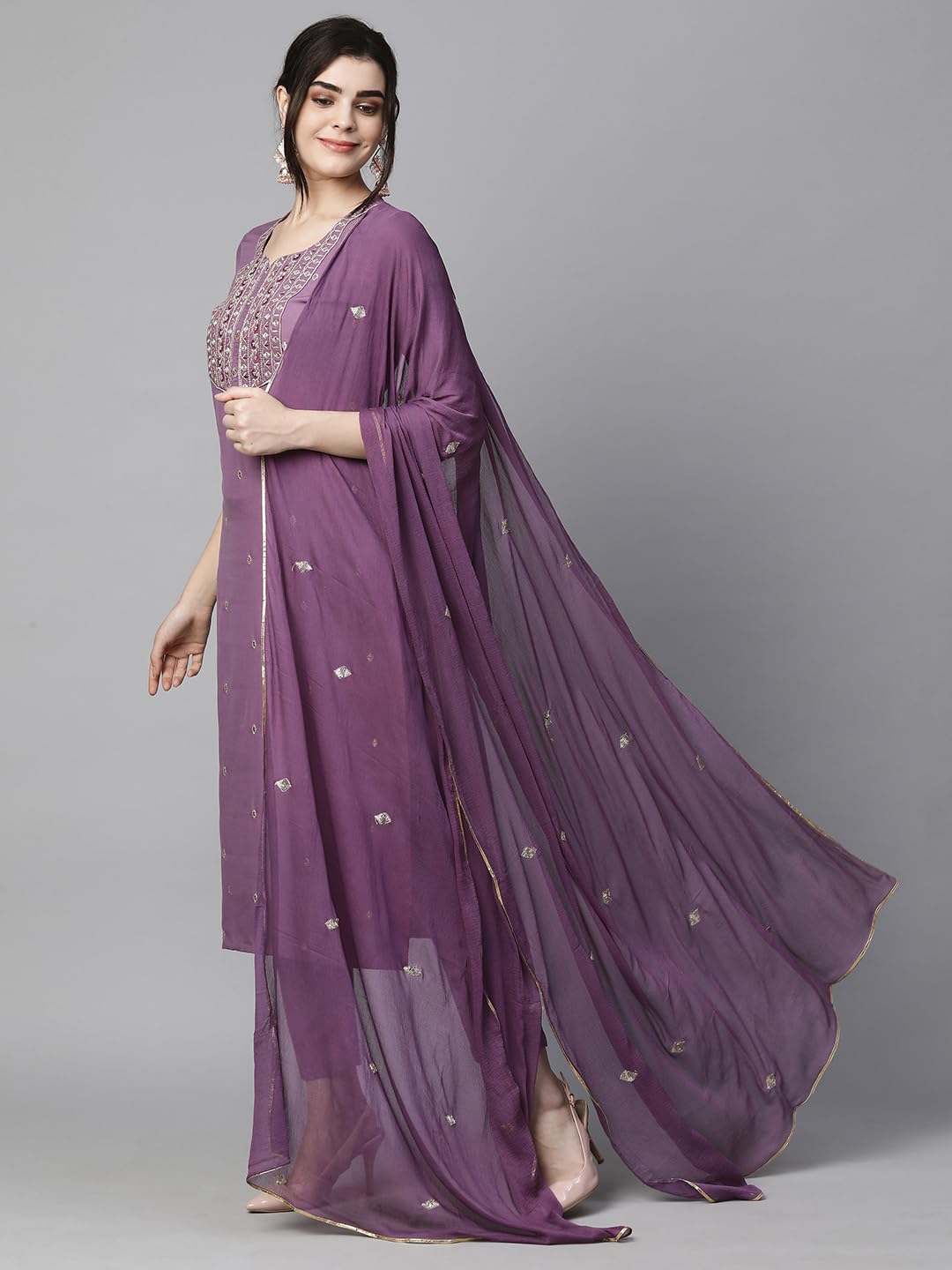 Royal Ethnic Womens Cotton Blend Embroidered Kurta Set with Pant Dupatta Elegants Calf Length Ethnic Outfit Dress - Royal Ethnic