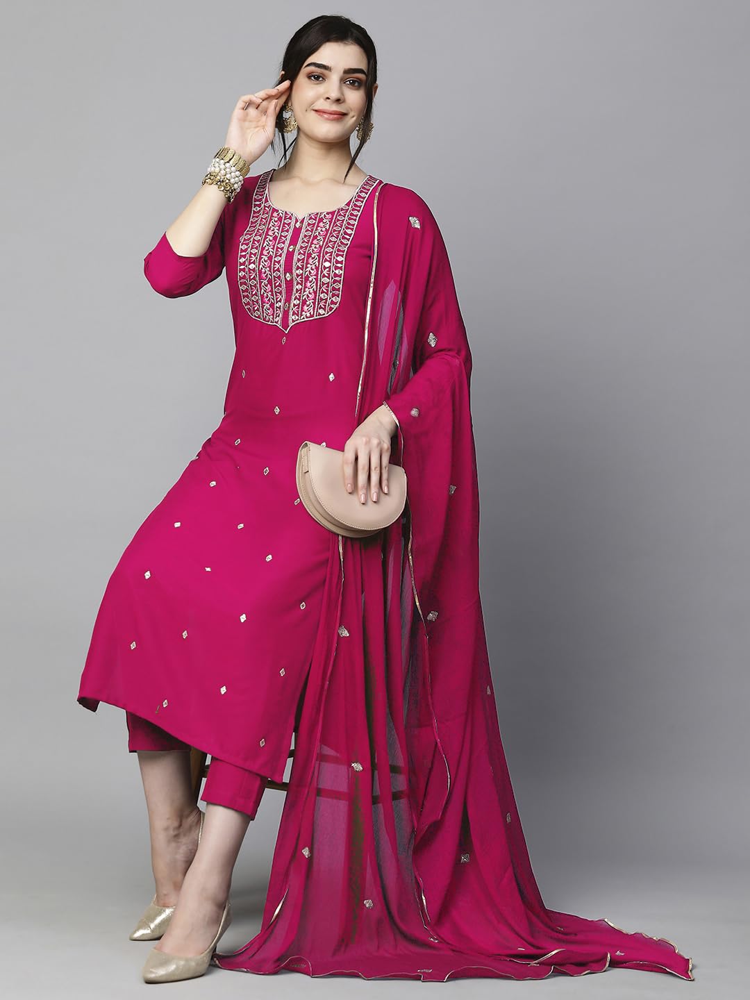 Royal Ethnic Womens Cotton Blend Embroidered Kurta Set with Pant Dupatta Elegants Calf Length Ethnic Outfit Dress - Royal Ethnic