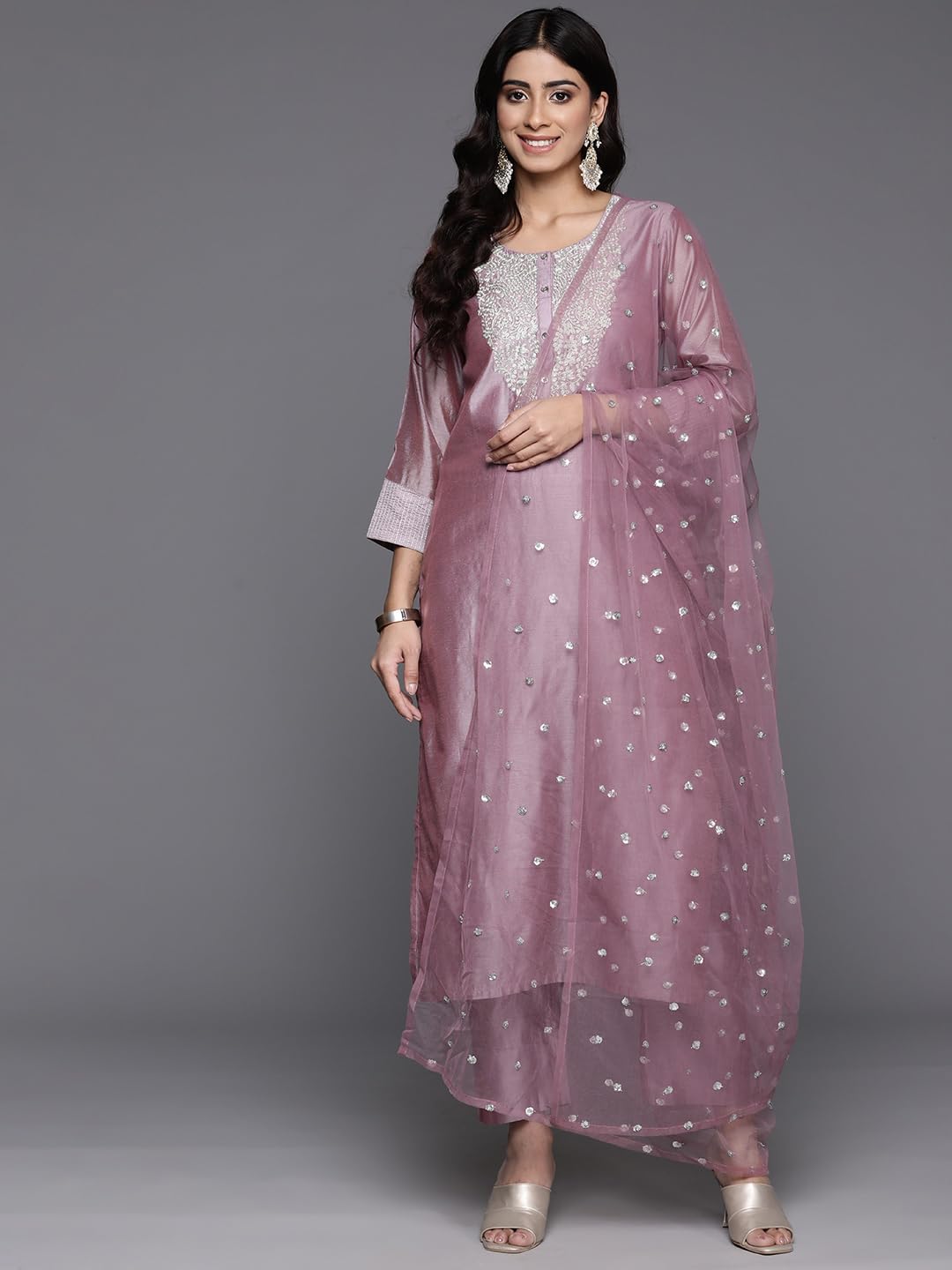 Royal Ethnic Women Mauve Silk Thread Embroidered Kurta Set with Dupatta Elegant Sophisticated Designer Ethnic Wear - Royal Ethnic