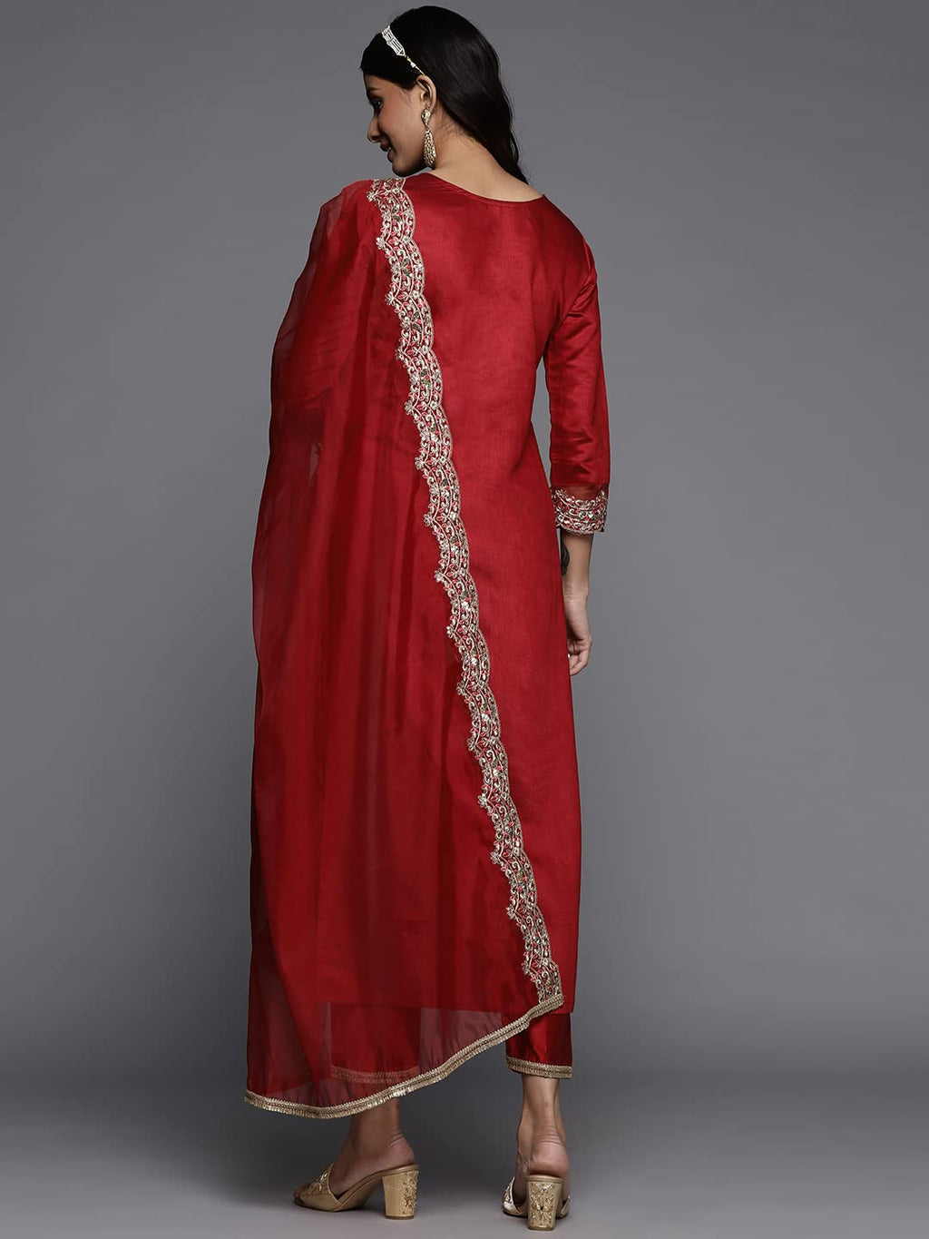 Royal Ethnic | Women's Viscose Embroidered Kurta Pant Dupatta Set | Straight Fit | 3/4 Sleeves | Festive & Elegant Wear - Royal Ethnic