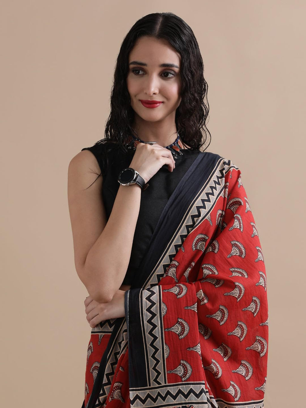 Royal Ethnic Handblock Printed Cotton Mulmul Saree Kalamkari Bagru Print Natural Dyed Maroon White 6.5 Mtr with Blouse Piece - Royal Ethnic