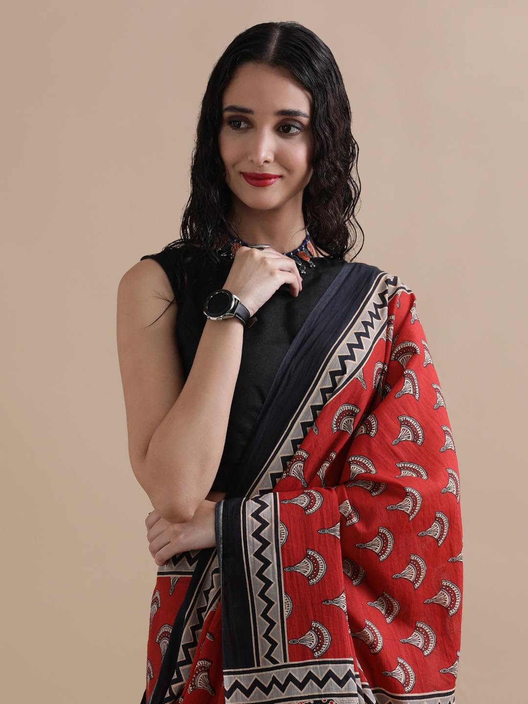 Royal Ethnic Handblock Printed Cotton Mulmul Saree Kalamkari Bagru Print Natural Dyed Maroon White 6.5 Mtr with Blouse Piece - Royal Ethnic