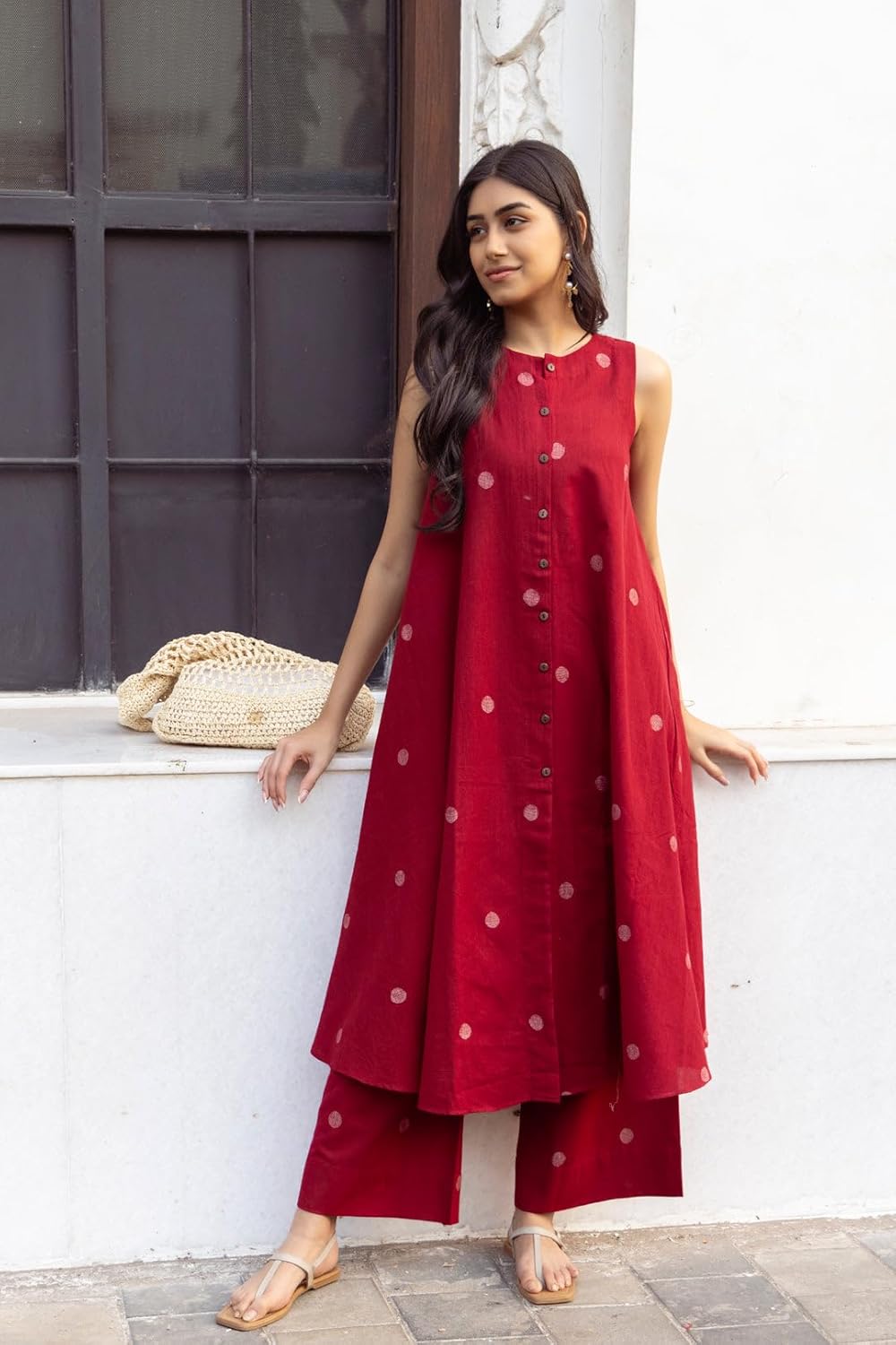 ANNI DESIGNER Women's Pure Cotton Maroon Hand-Print Kurta Set | A-Line Kurta with Palazzo | Co-ord Set for Women | Ethnic & Stylish Two Piece Dress | Casual & Office Wear Coord Set for Women