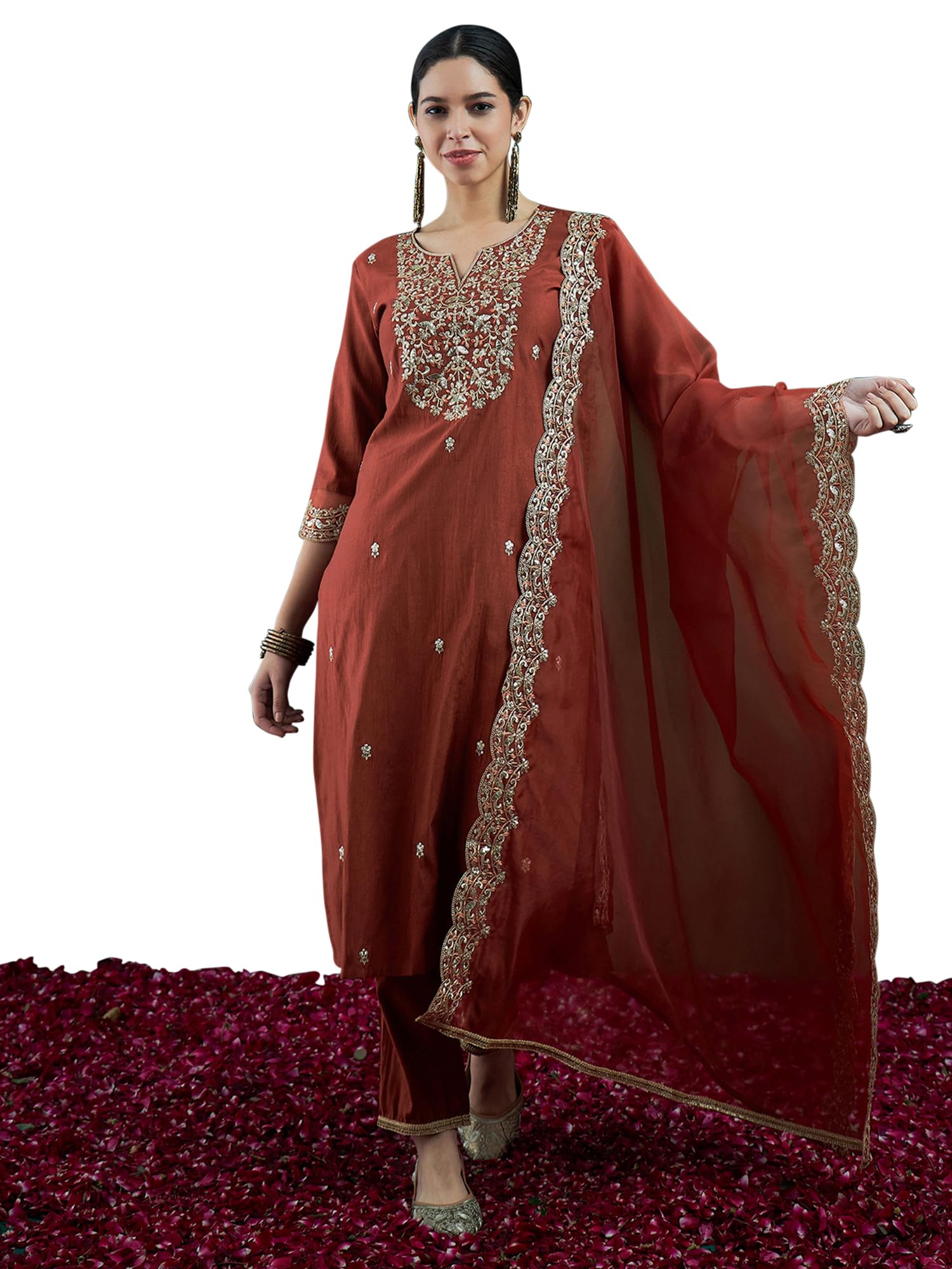 Royal Ethnic | Women's Viscose Embroidered Kurta Pant Dupatta Set | Straight Fit | 3/4 Sleeves | Festive & Elegant Wear - Royal Ethnic