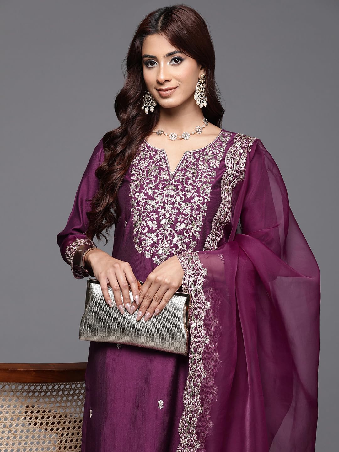 Royal Ethnic | Women's Viscose Embroidered Kurta Pant Dupatta Set | Straight Fit | 3/4 Sleeves | Festive & Elegant Wear - Royal Ethnic