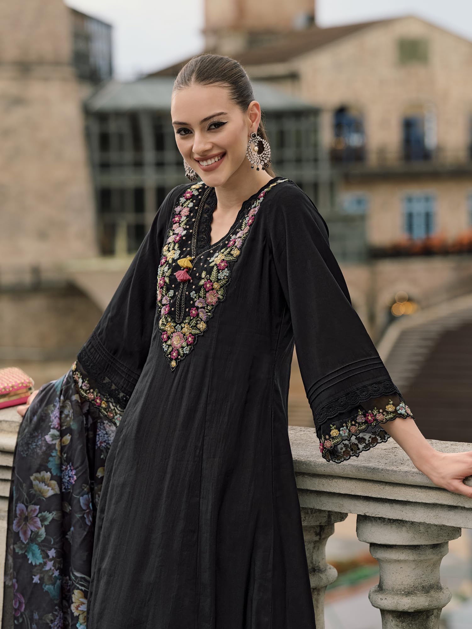 Royal Ethnic Womens Silk Blend Embroidered A Line Kurta Pant with Dupatta Set Stylish Festive Designer Party Wear Outfit - Royal Ethnic