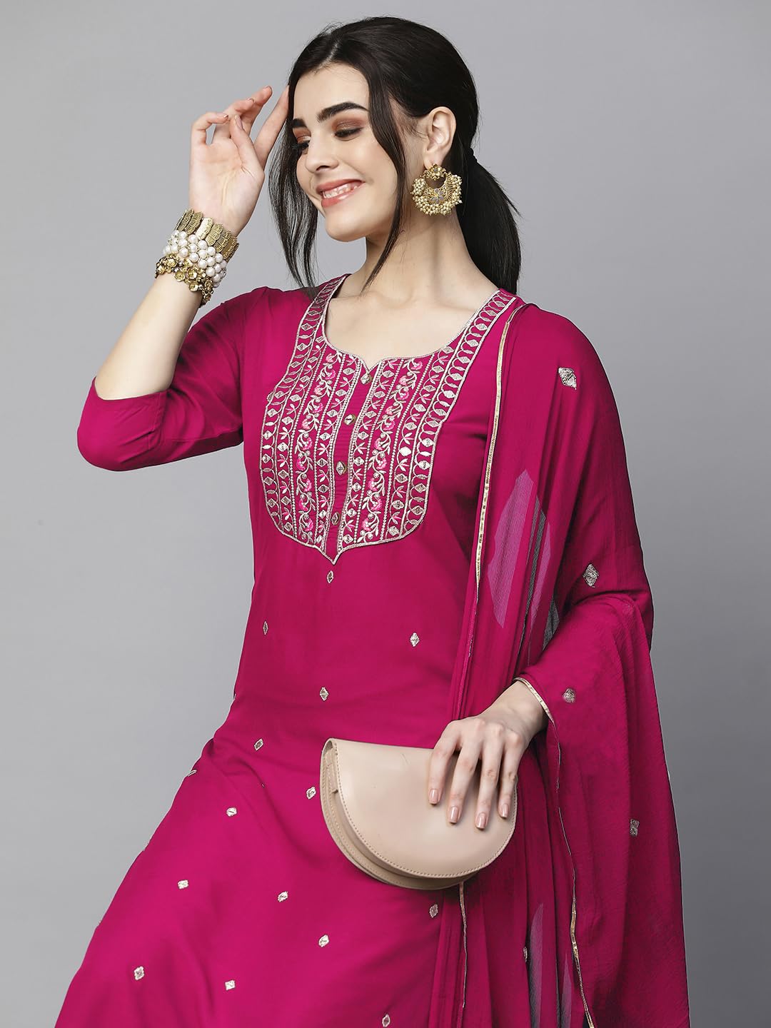 Royal Ethnic Womens Cotton Blend Embroidered Kurta Set with Pant Dupatta Elegants Calf Length Ethnic Outfit Dress - Royal Ethnic