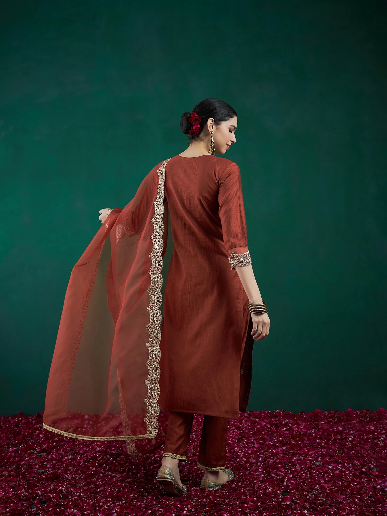 Royal Ethnic | Women's Viscose Embroidered Kurta Pant Dupatta Set | Straight Fit | 3/4 Sleeves | Festive & Elegant Wear - Royal Ethnic
