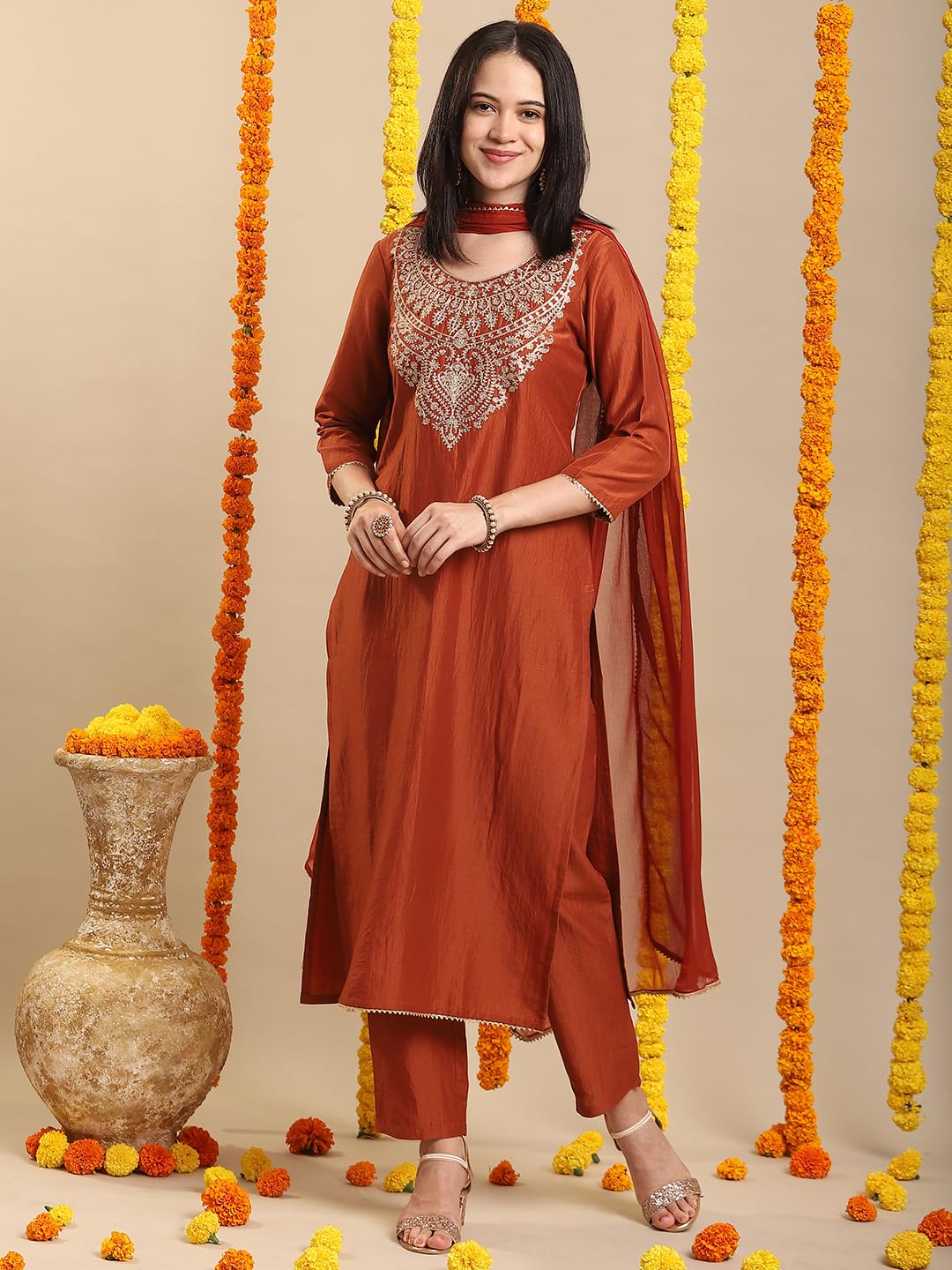 GoSriKi Women's Rayon Viscose Embroidered Straight Kurta with Pant & Dupatta