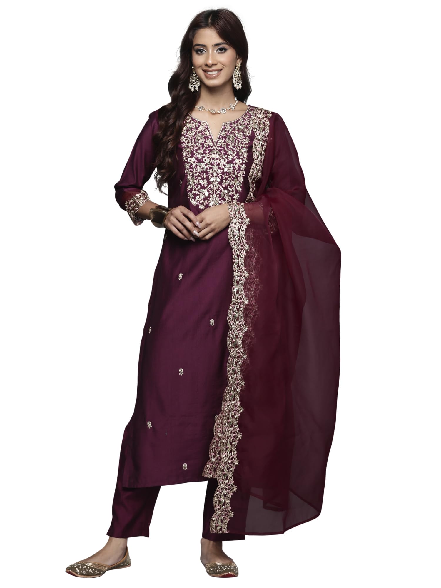 Royal Ethnic | Women's Viscose Embroidered Kurta Pant Dupatta Set | Straight Fit | 3/4 Sleeves | Festive & Elegant Wear - Royal Ethnic