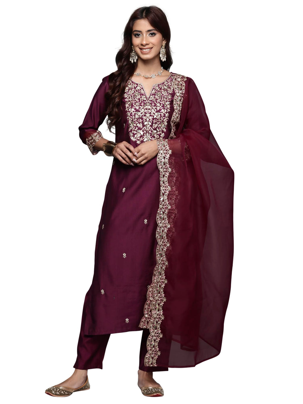 Royal Ethnic | Women's Viscose Embroidered Kurta Pant Dupatta Set | Straight Fit | 3/4 Sleeves | Festive & Elegant Wear - Royal Ethnic
