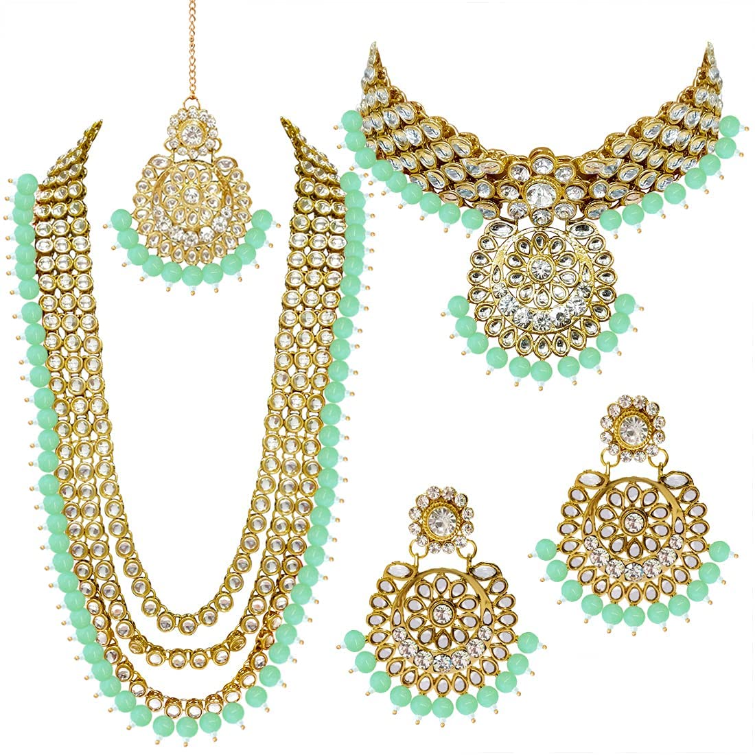 Royal Ethnic Traditional 18K Gold Plated Kundan & Pearl Studded Bridal Choker Necklace Set with Earrings & Maang Tikka - Royal Ethnic