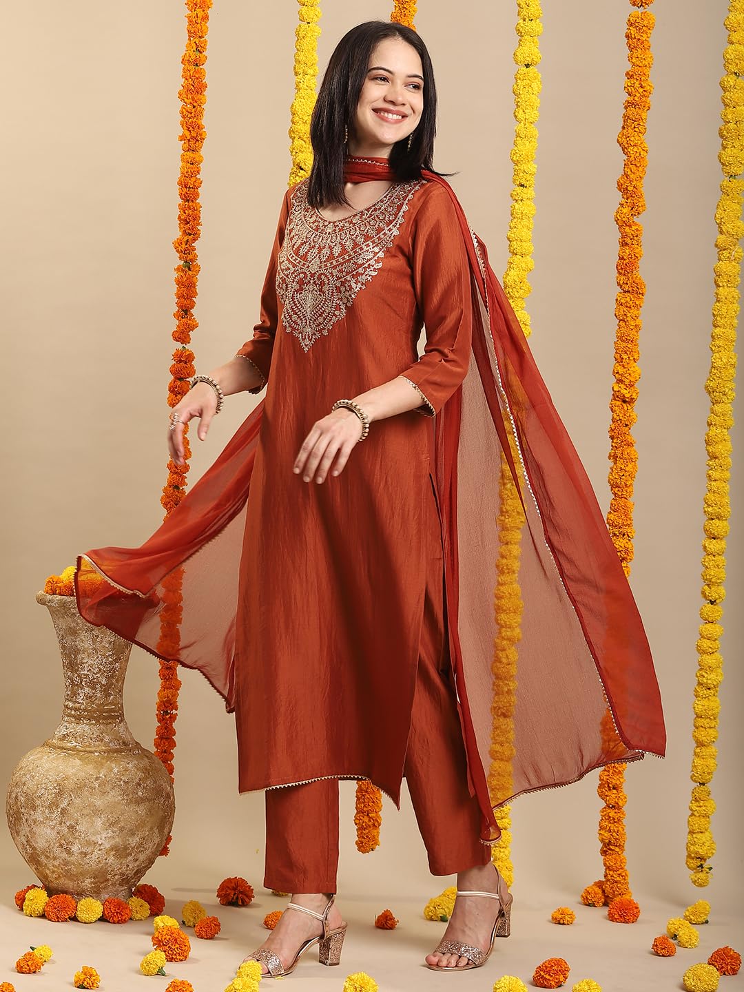 GoSriKi Women's Rayon Viscose Embroidered Straight Kurta with Pant & Dupatta