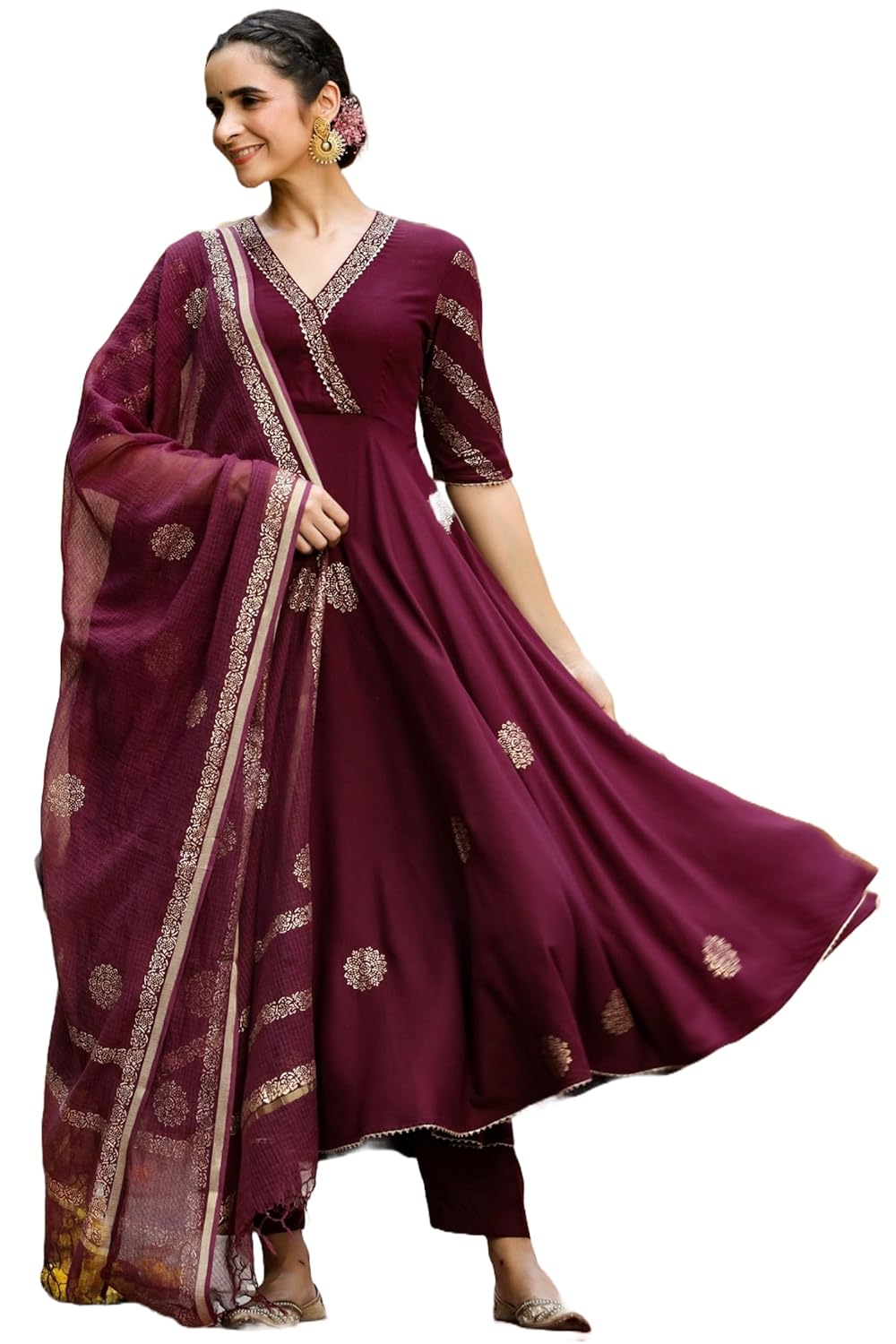 GoSriKi Women’s Elegant Wine Anarkali Kurta Set with Dupatta | Printed Traditional Soft Rayon Fabric