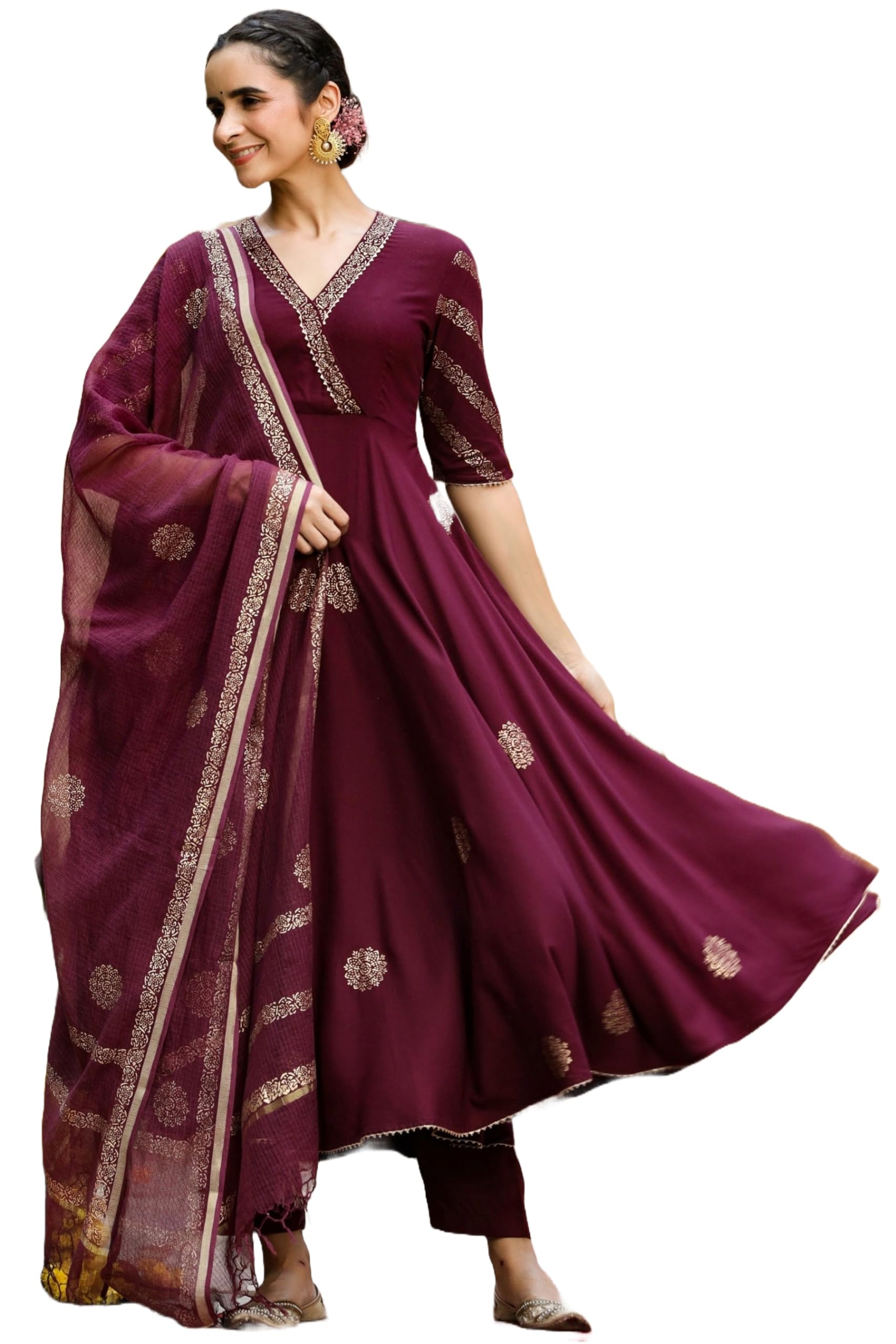 GoSriKi Women’s Elegant Wine Anarkali Kurta Set with Dupatta | Printed Traditional Soft Rayon Fabric