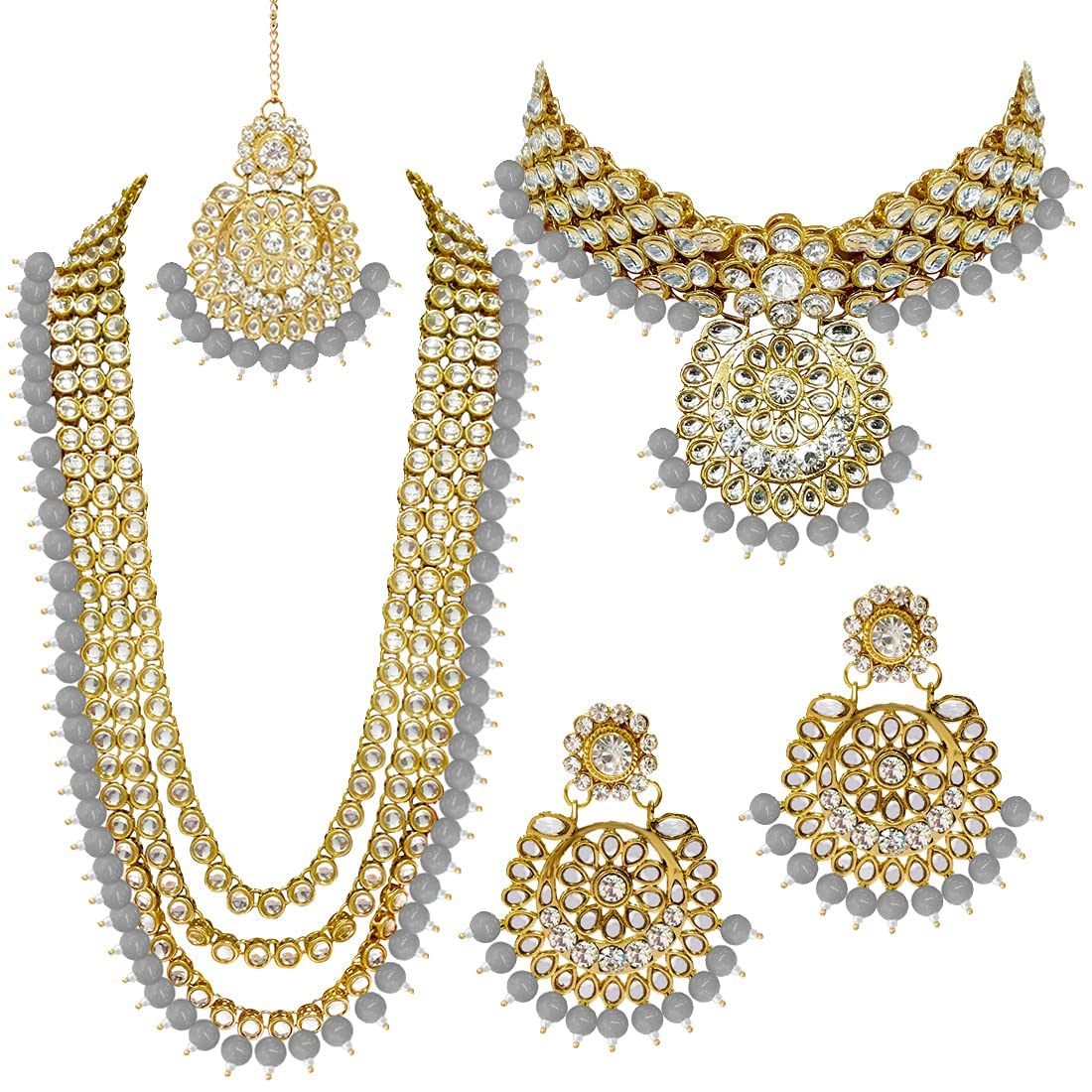 Royal Ethnic Traditional 18K Gold Plated Kundan & Pearl Studded Bridal Choker Necklace Set with Earrings & Maang Tikka - Royal Ethnic