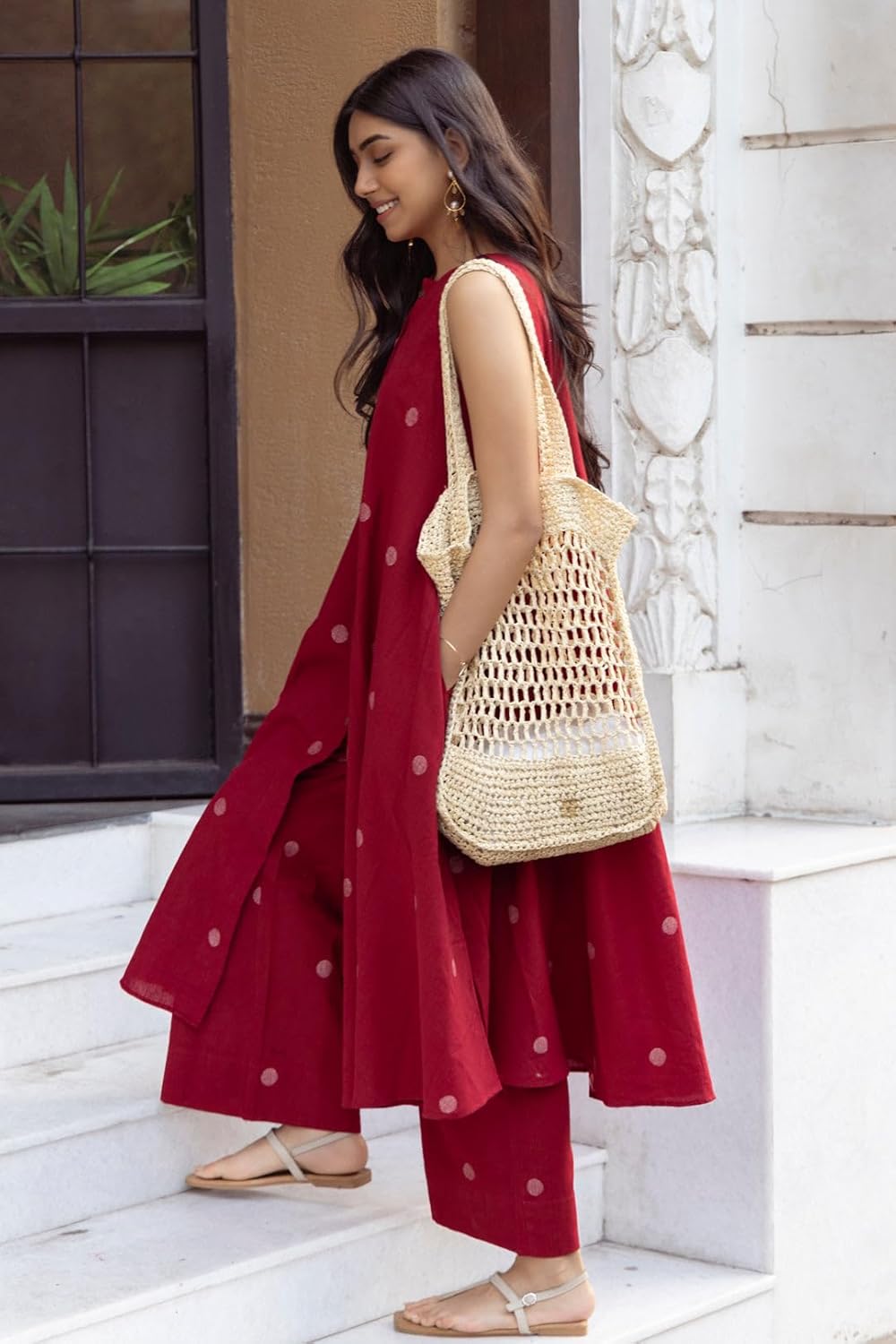 ANNI DESIGNER Women's Pure Cotton Maroon Hand-Print Kurta Set | A-Line Kurta with Palazzo | Co-ord Set for Women | Ethnic & Stylish Two Piece Dress | Casual & Office Wear Coord Set for Women