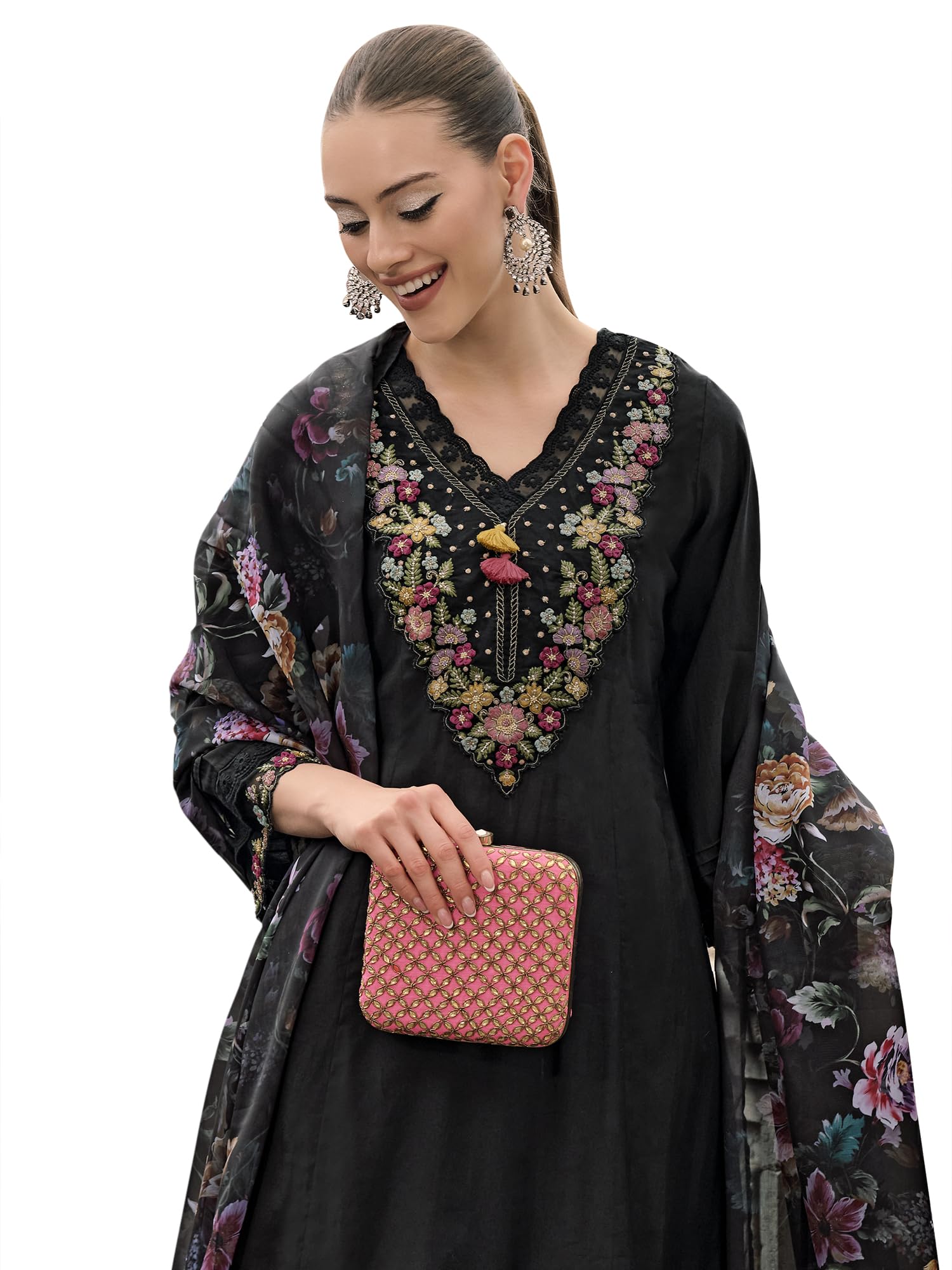 Royal Ethnic Womens Silk Blend Embroidered A Line Kurta Pant with Dupatta Set Stylish Festive Designer Party Wear Outfit - Royal Ethnic