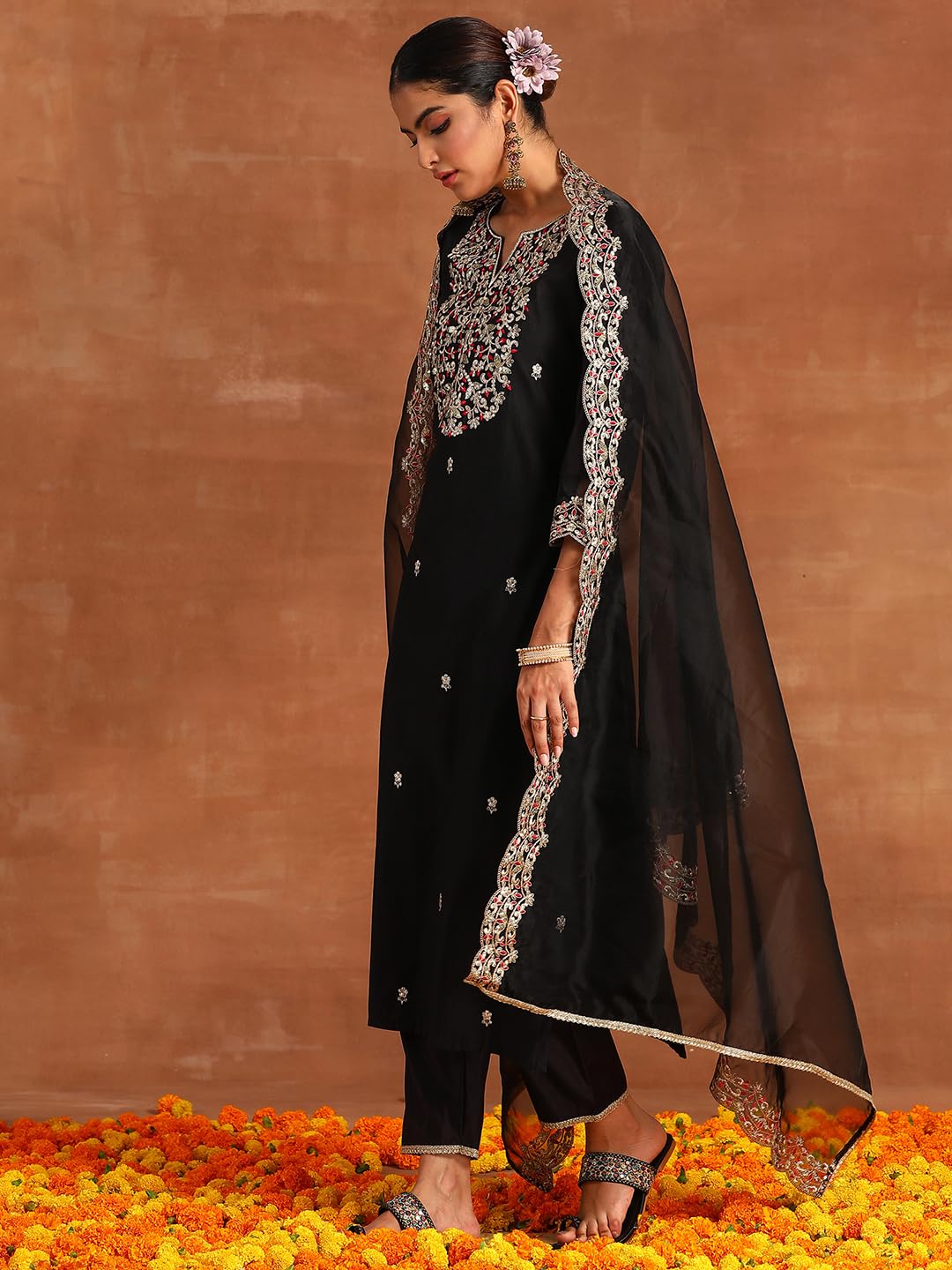 Royal Ethnic | Women's Viscose Embroidered Kurta Pant Dupatta Set | Straight Fit | 3/4 Sleeves | Festive & Elegant Wear - Royal Ethnic