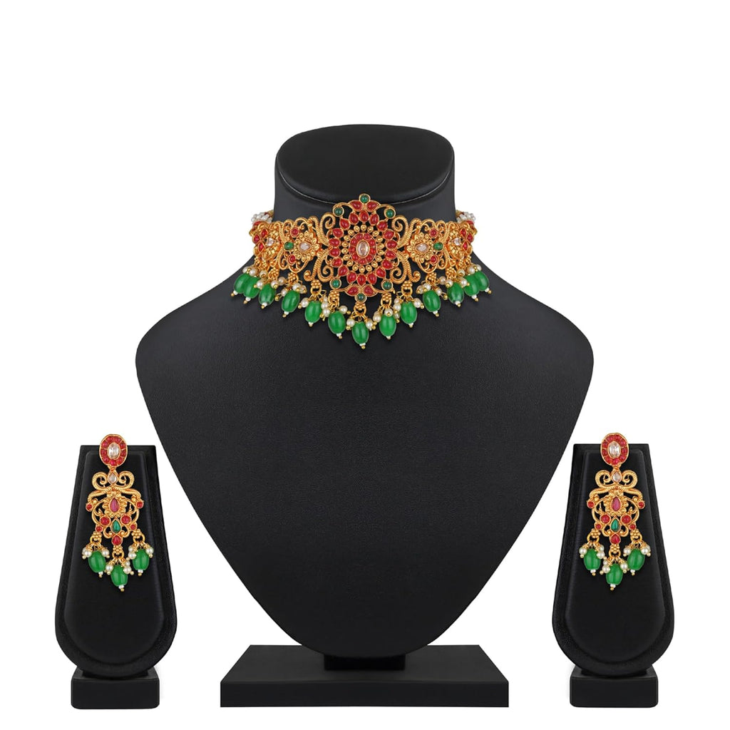 Royal Ethnic | Women's Pearl Choker Temple Necklace Set | 22k Gold Plated | Traditional Festive Wear | Wedding Style - Royal Ethnic