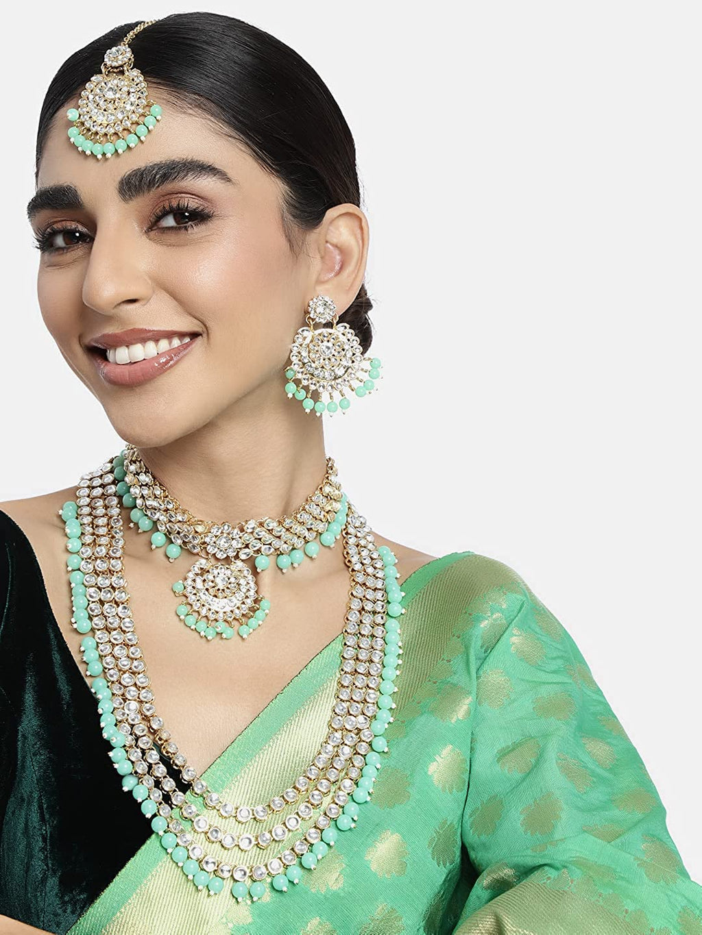 Royal Ethnic Traditional 18K Gold Plated Kundan & Pearl Studded Bridal Choker Necklace Set with Earrings & Maang Tikka - Royal Ethnic