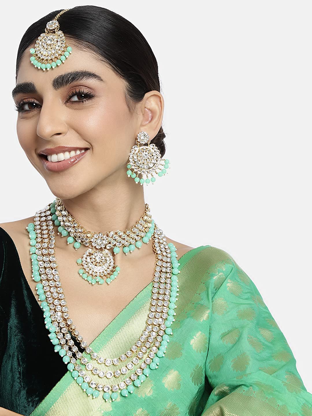 Royal Ethnic Traditional 18K Gold Plated Kundan & Pearl Studded Bridal Choker Necklace Set with Earrings & Maang Tikka - Royal Ethnic
