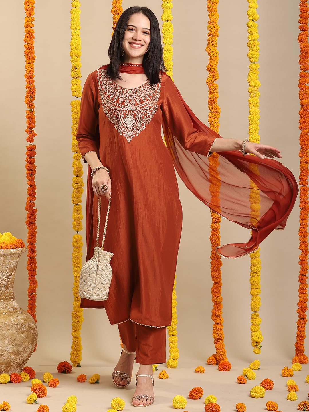 GoSriKi Women's Rayon Viscose Embroidered Straight Kurta with Pant & Dupatta