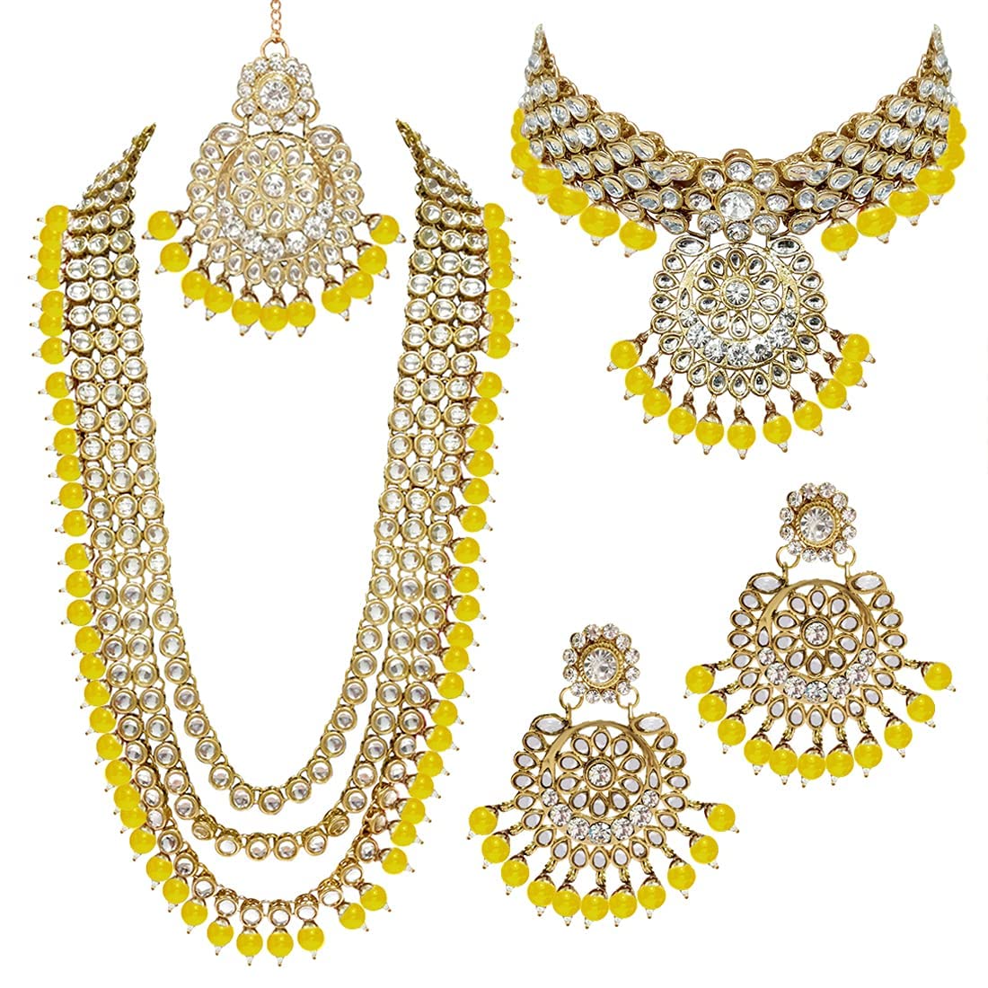 Royal Ethnic Traditional 18K Gold Plated Kundan & Pearl Studded Bridal Choker Necklace Set with Earrings & Maang Tikka - Royal Ethnic