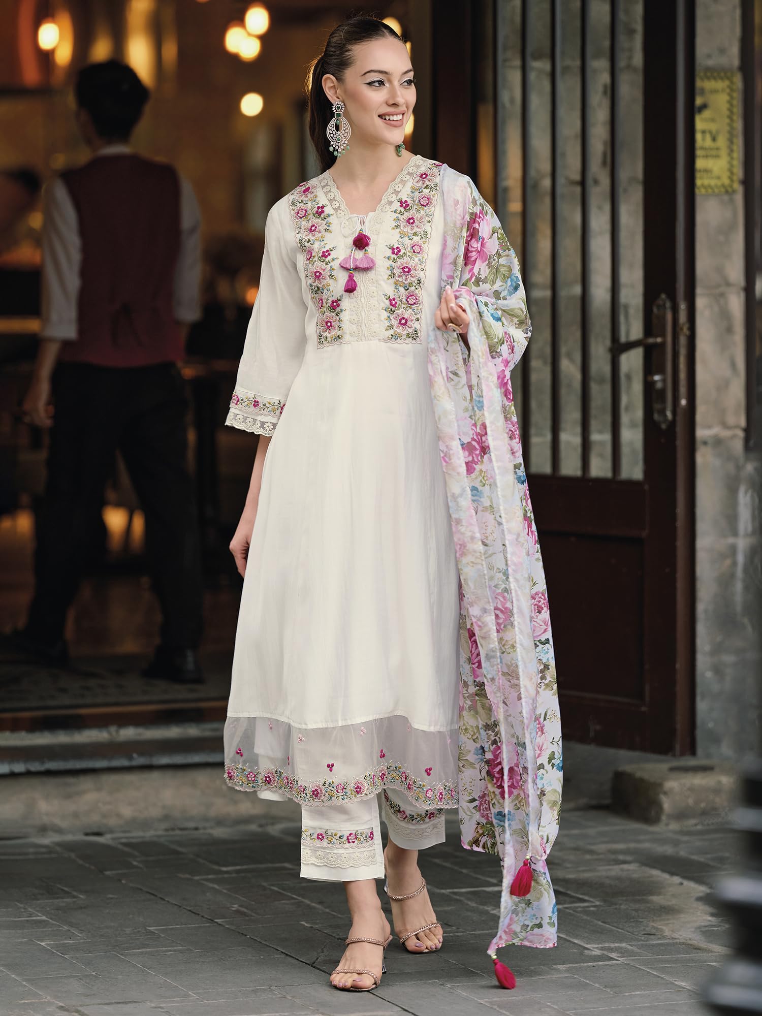 Royal Ethnic Womens Silk Blend Embroidered A Line Kurta Pant with Dupatta Set Stylish Festive Designer Party Wear Outfit - Royal Ethnic