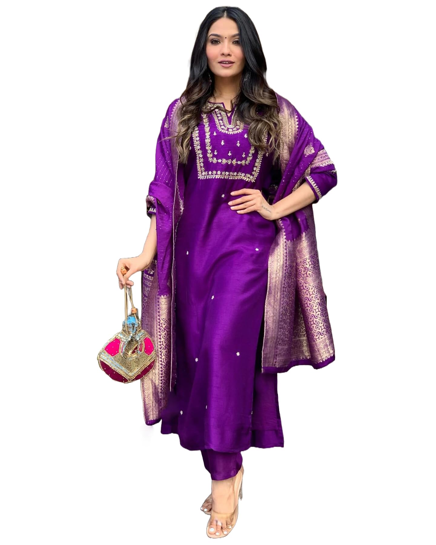 GoSriKi Women's Silk Blend Straight Embroidered Kurta with Pant & Dupatta