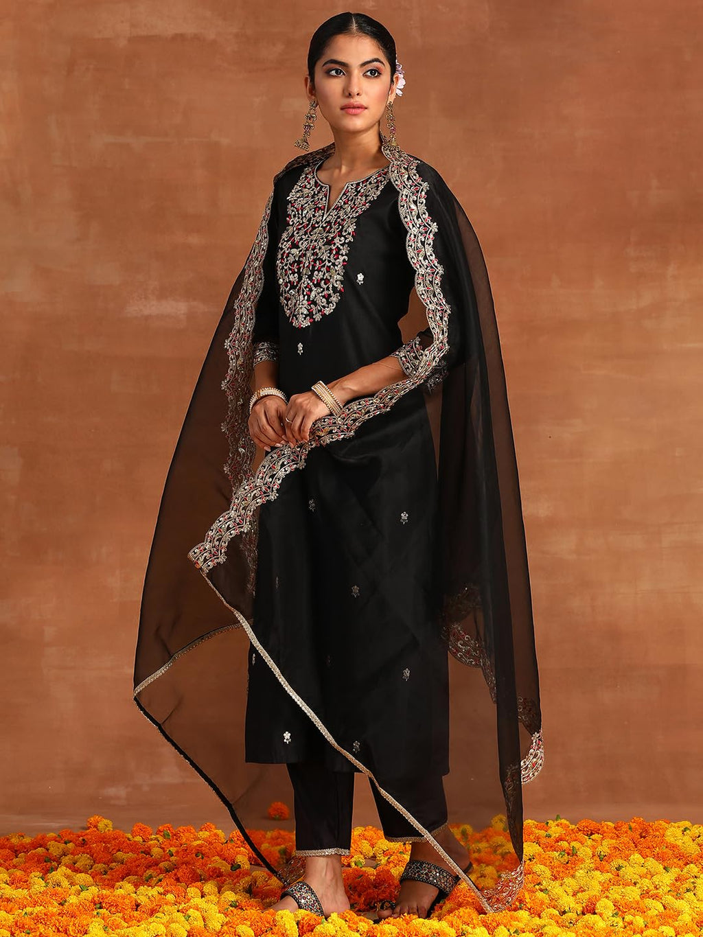 Royal Ethnic | Women's Viscose Embroidered Kurta Pant Dupatta Set | Straight Fit | 3/4 Sleeves | Festive & Elegant Wear - Royal Ethnic