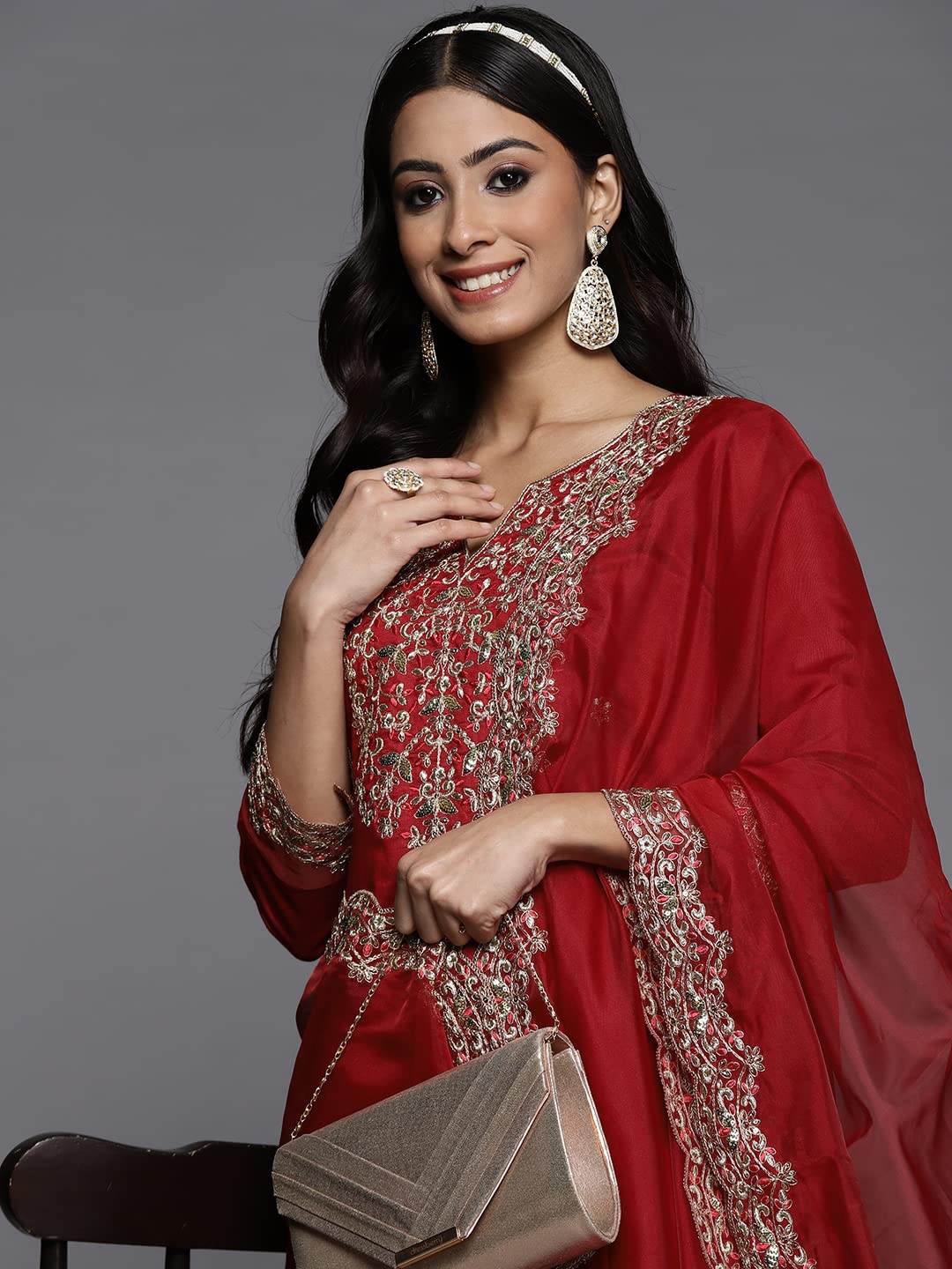 Royal Ethnic | Women's Viscose Embroidered Kurta Pant Dupatta Set | Straight Fit | 3/4 Sleeves | Festive & Elegant Wear - Royal Ethnic