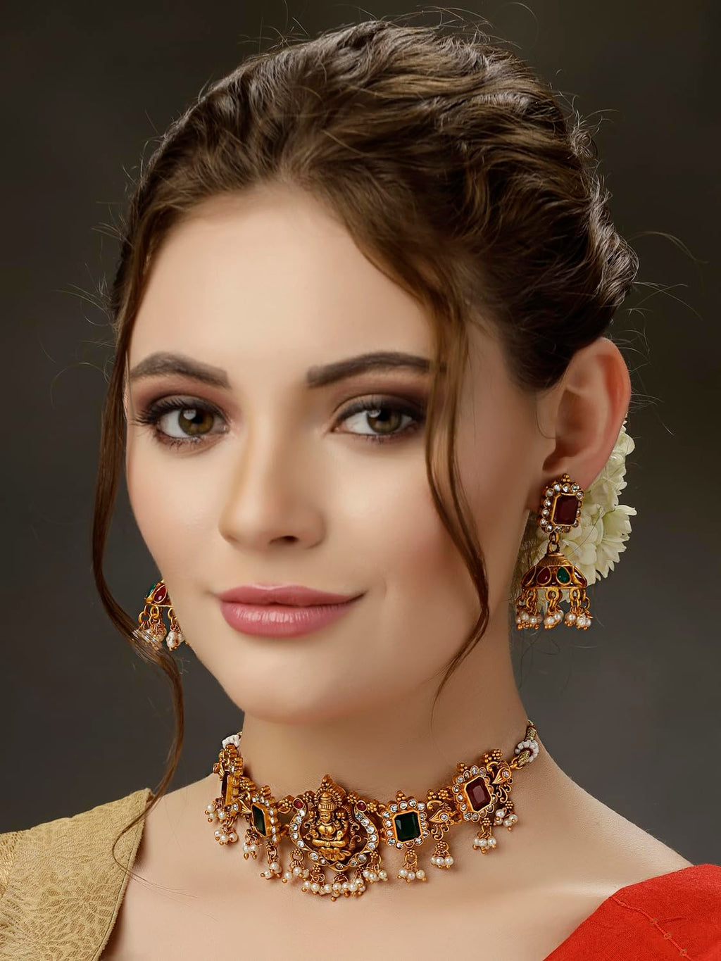 Royal Ethnic | Women's Pearl Choker Temple Necklace Set | 22k Gold Plated | Traditional Festive Wear | Wedding Style - Royal Ethnic