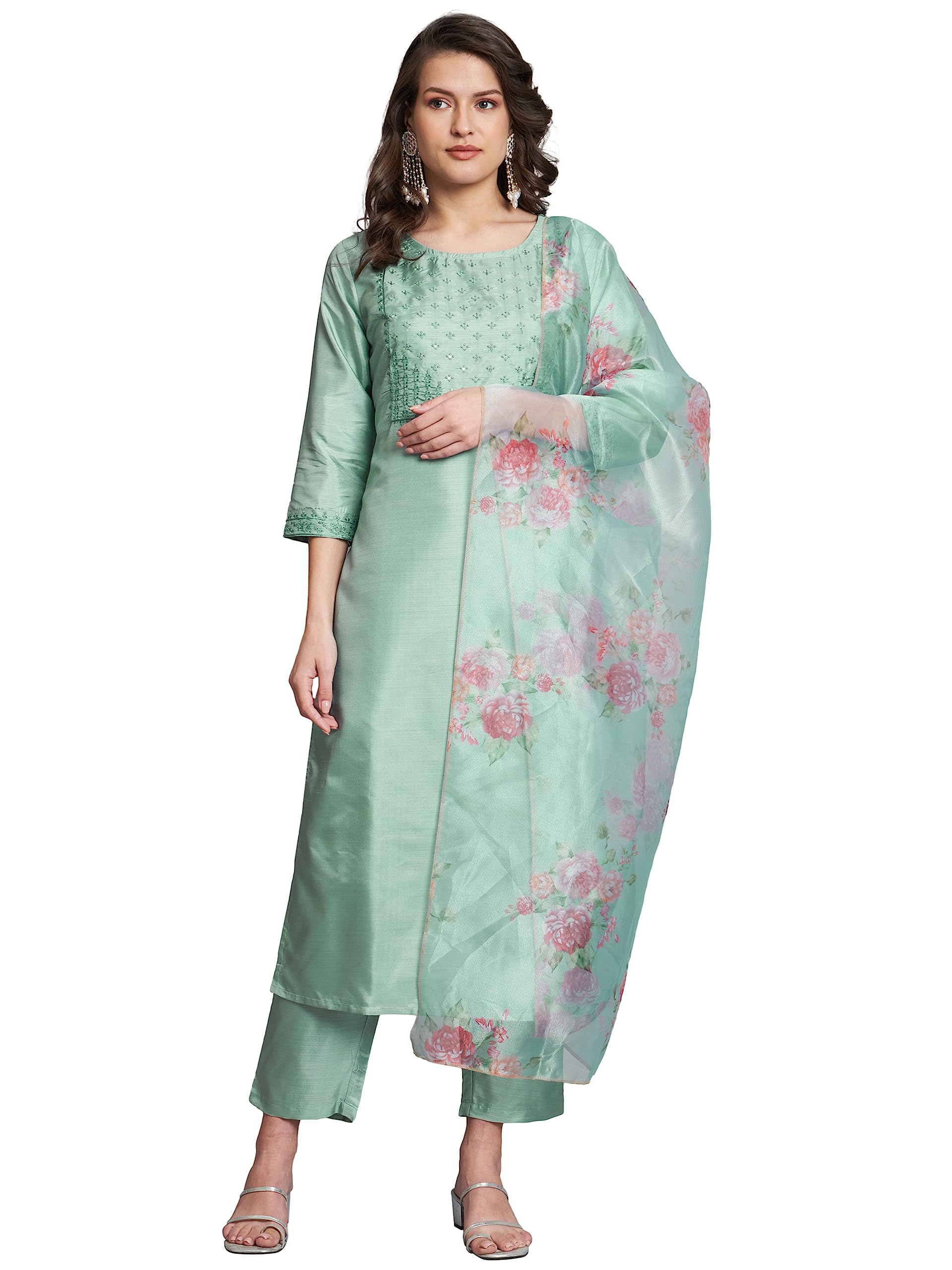 VredeVogel Women's Silk Blend Embroidered Straight Kurta Pant Set with Organza Dupatta