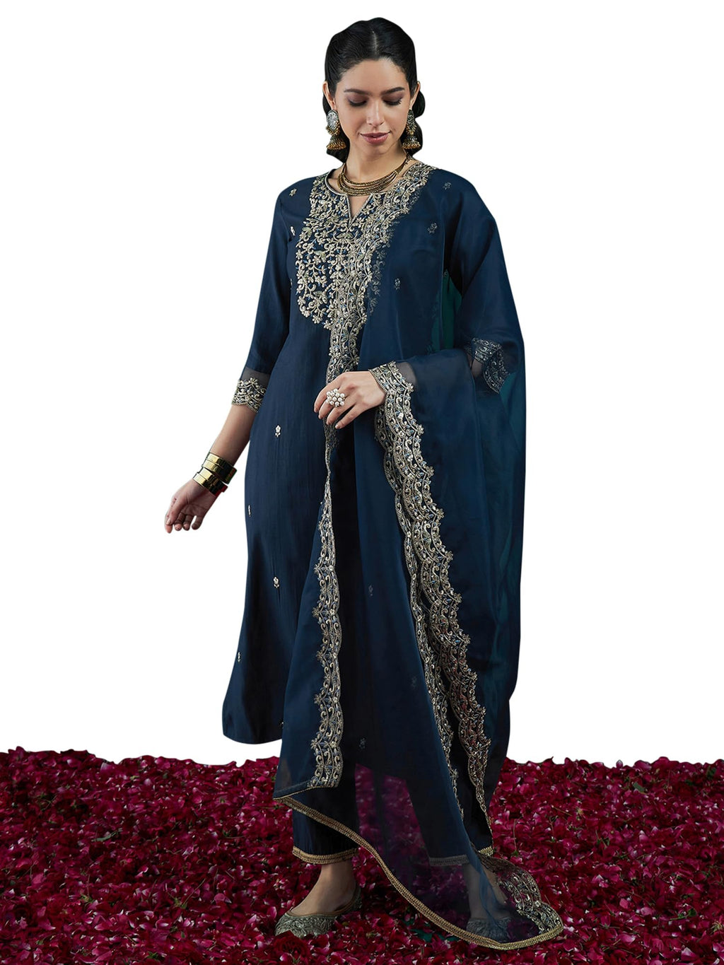 Royal Ethnic | Women's Viscose Embroidered Kurta Pant Dupatta Set | Straight Fit | 3/4 Sleeves | Festive & Elegant Wear - Royal Ethnic