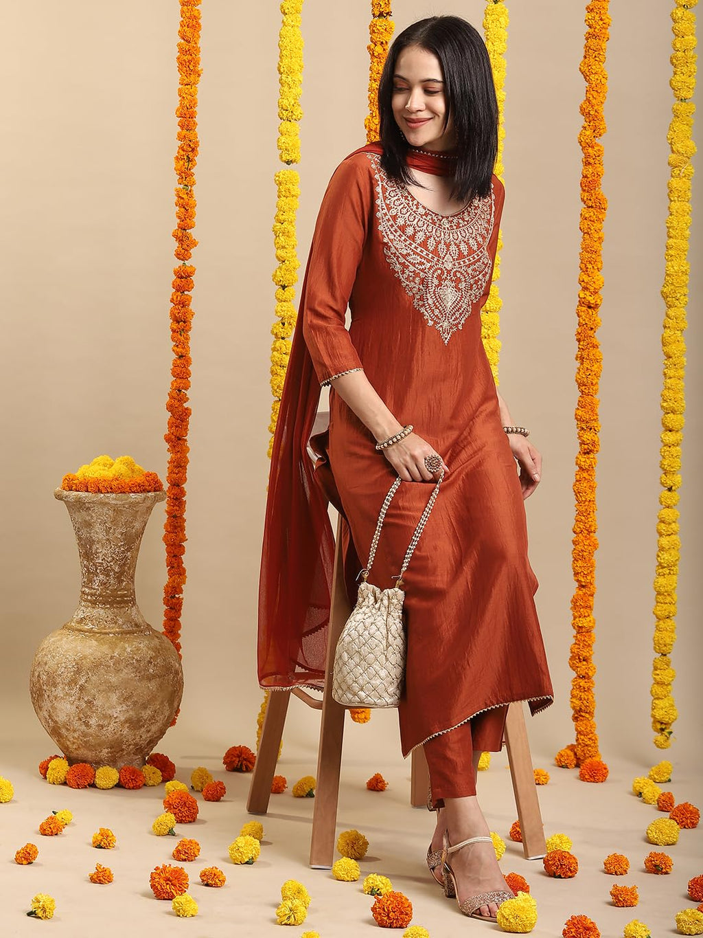 GoSriKi Women's Rayon Viscose Embroidered Straight Kurta with Pant & Dupatta