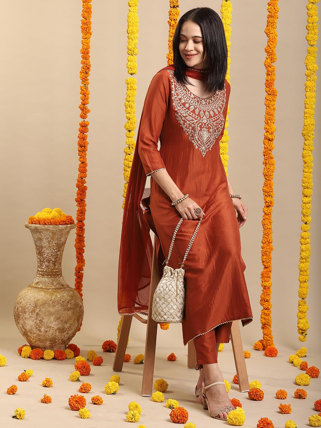 GoSriKi Women's Rayon Viscose Embroidered Straight Kurta with Pant & Dupatta