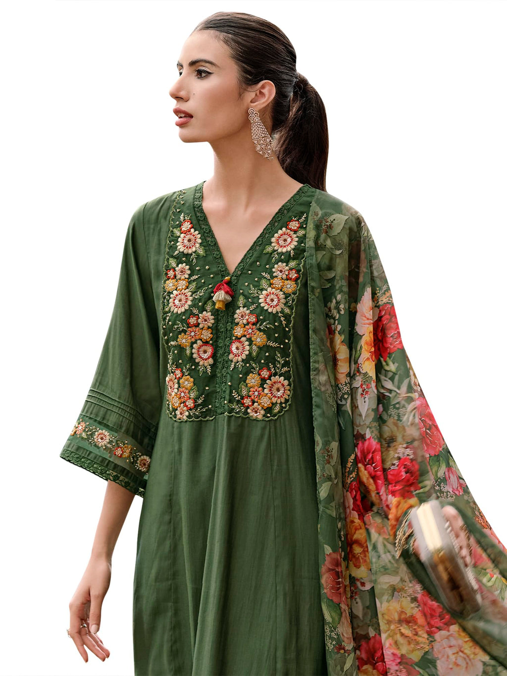 Royal Ethnic Womens Silk Blend Embroidered A Line Kurta Pant with Dupatta Set Stylish Festive Designer Party Wear Outfit - Royal Ethnic